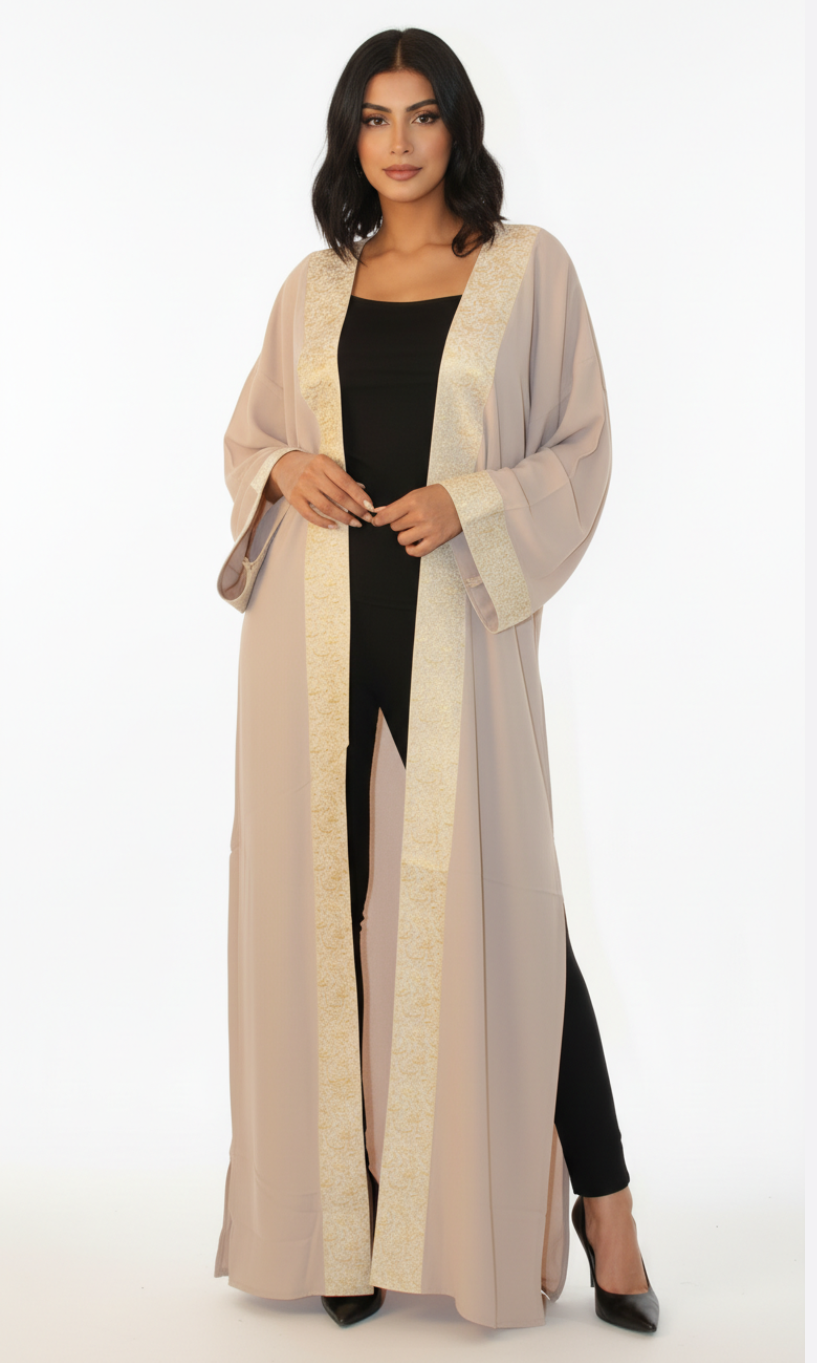 Women Long Kaftan With Arabic Letters in Gold (Beige)
