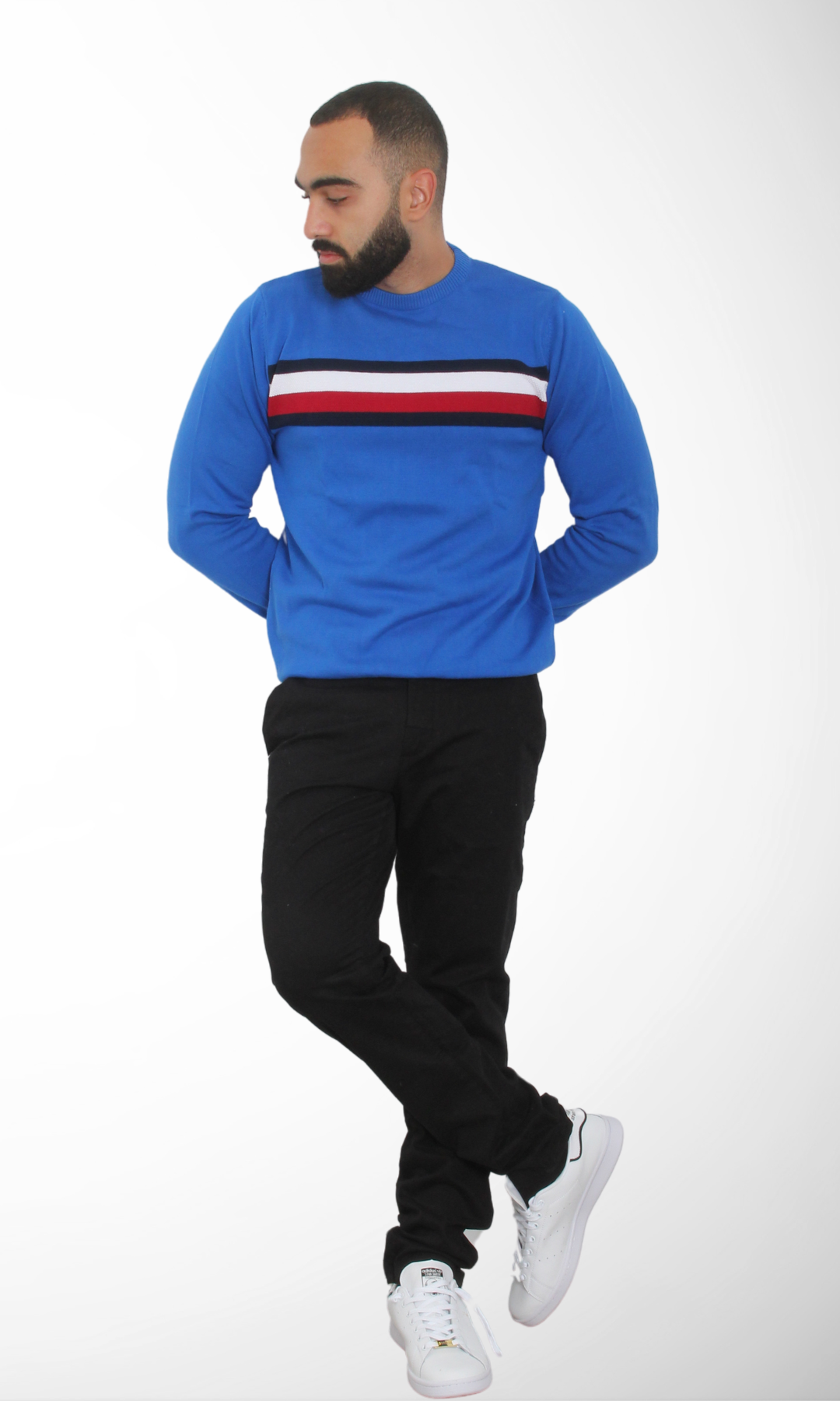 Men Sweater Stripe Crew Neck (Blue)