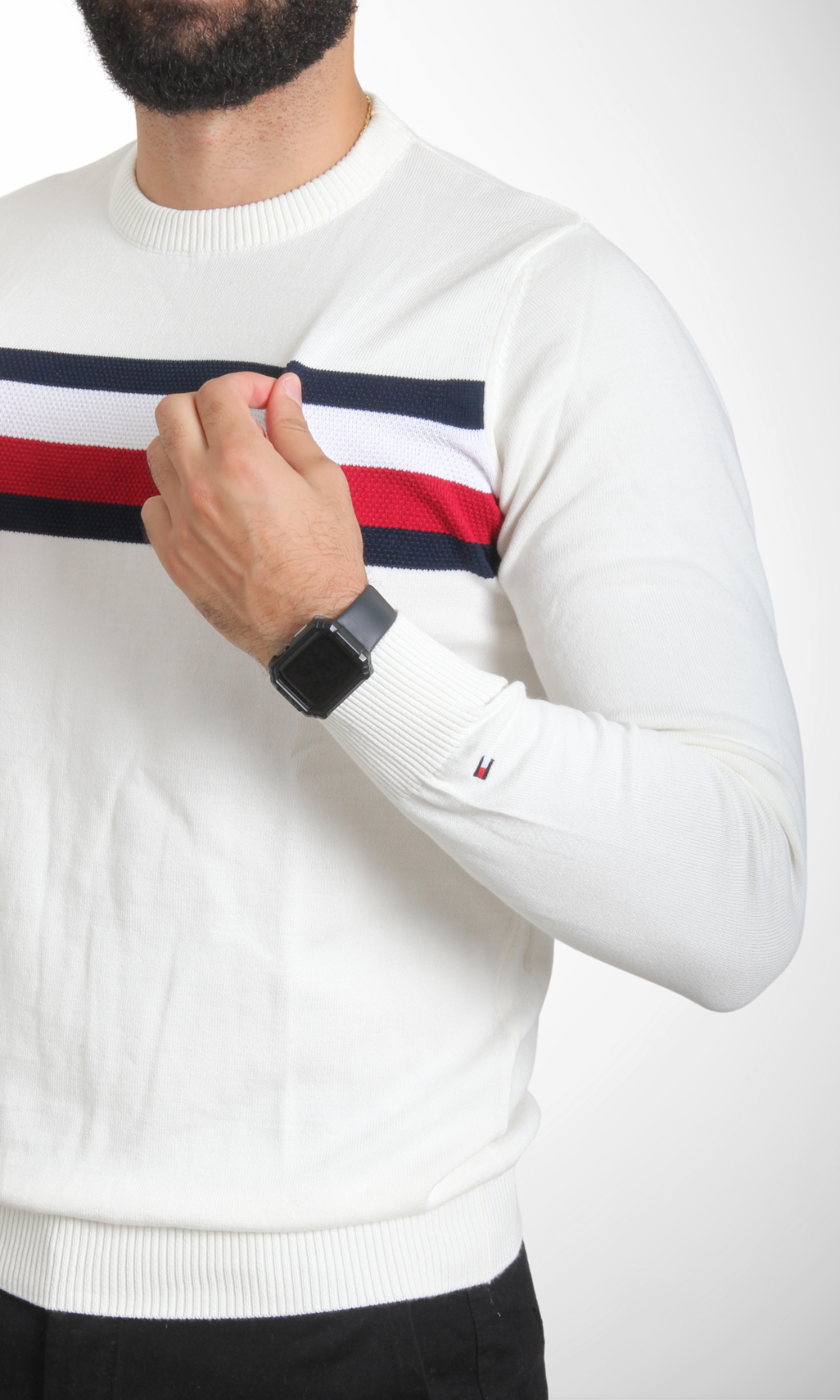 Men Sweater Stripe Crew Neck (White)
