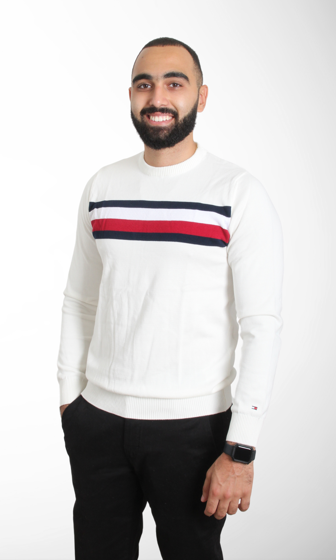 Men Sweater Stripe Crew Neck (White)