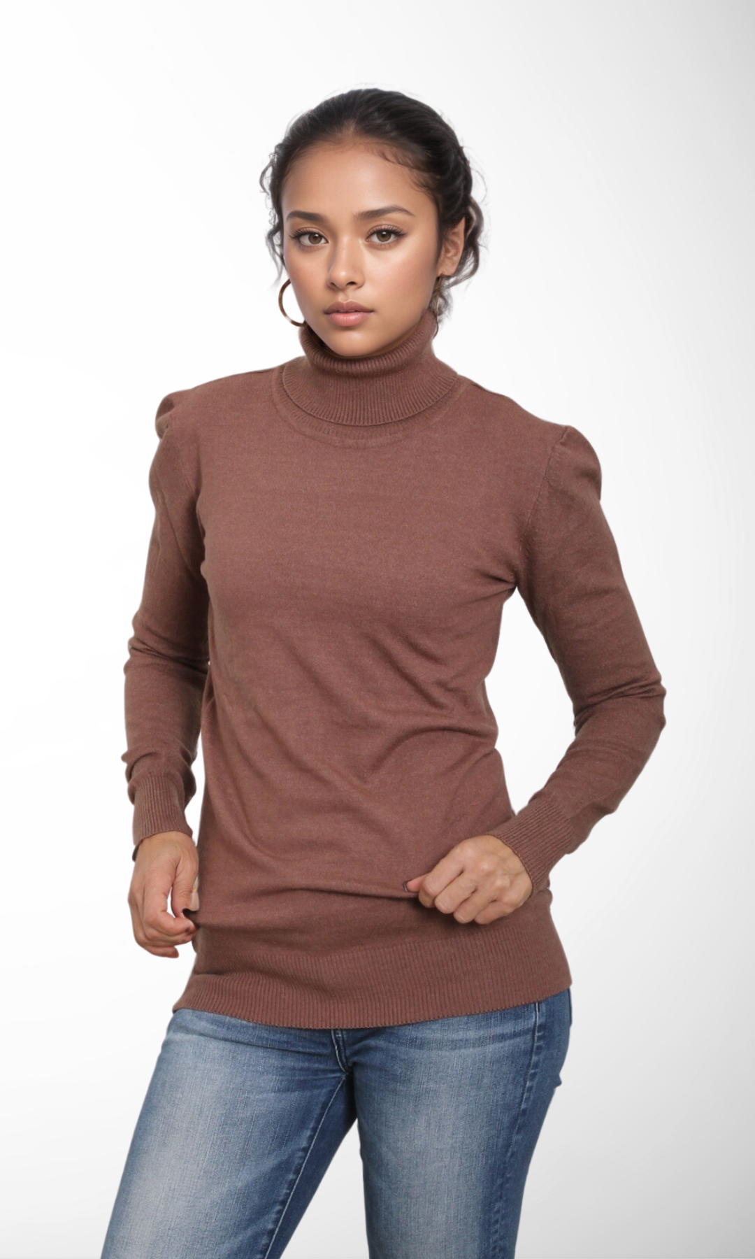 Women Turtleneck Knitwear Sweater (Brown)