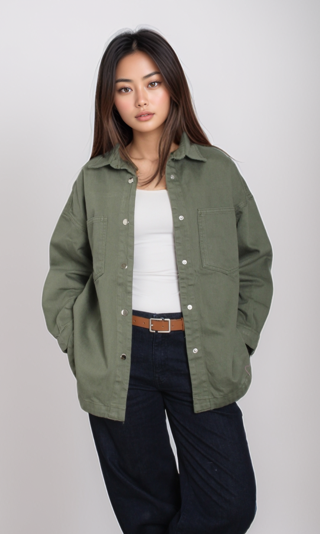 Women Long Denim Shirt (Oil Green)