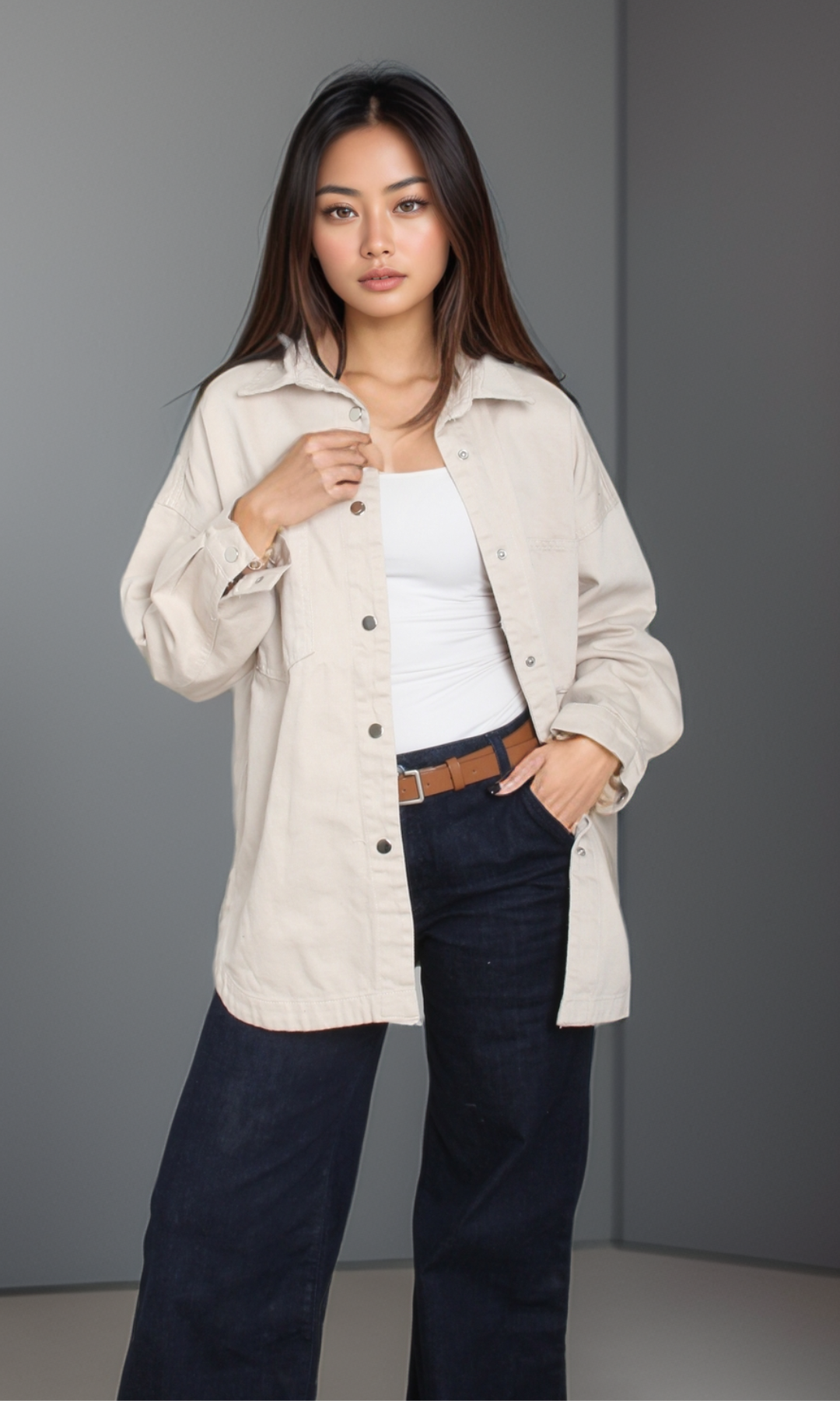 Women Long Denim Shirt (Beige)