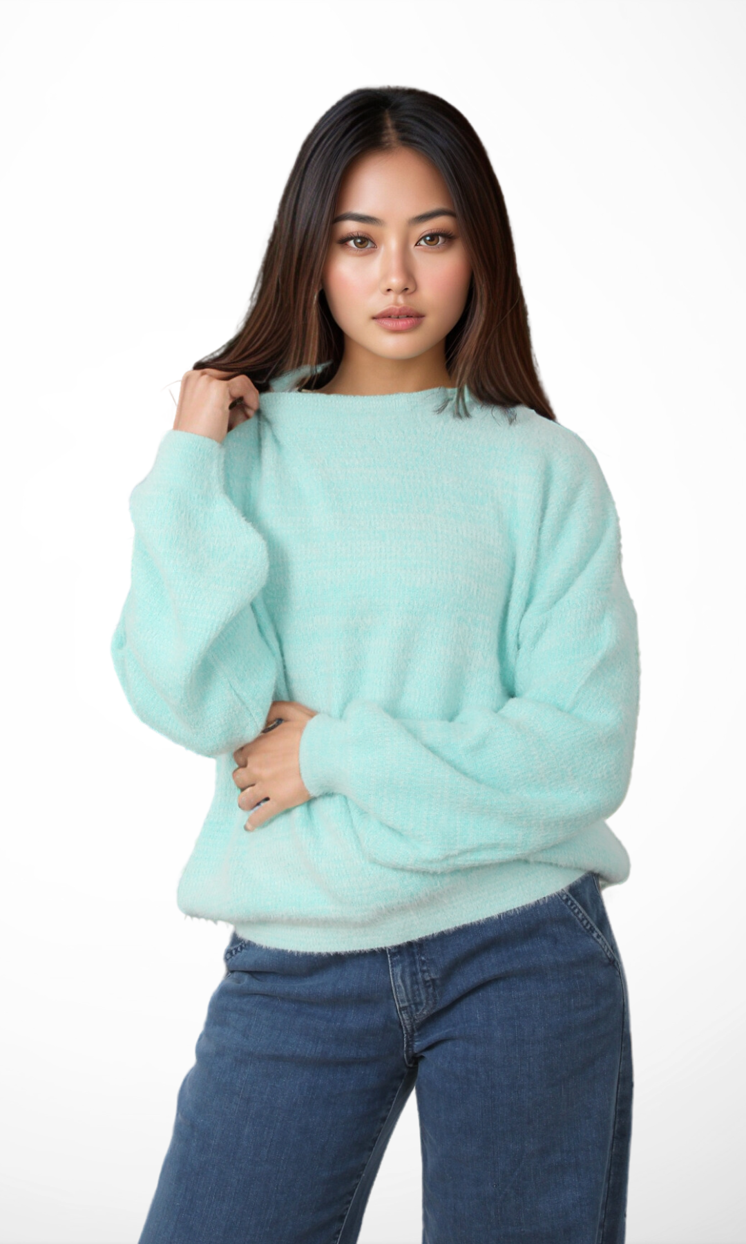 Women Mohair Knit Pullover (White&Green)