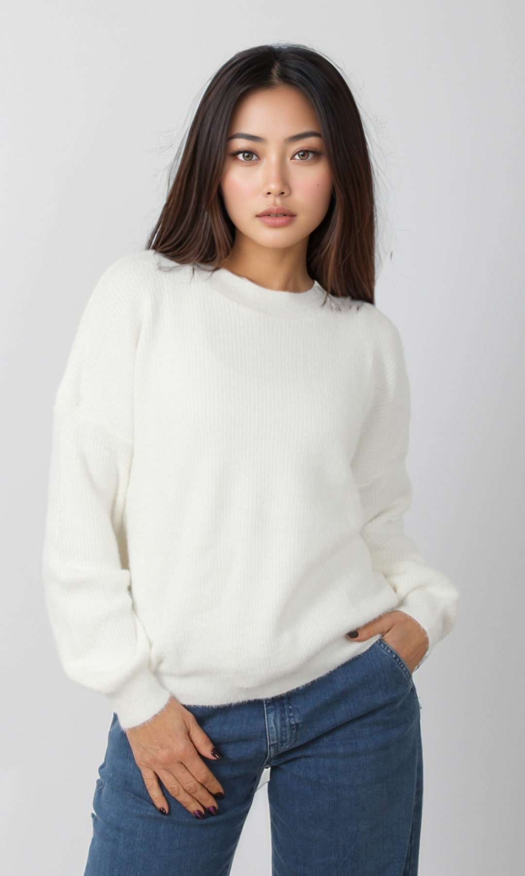 Women Mohair Knit Pullover (White)