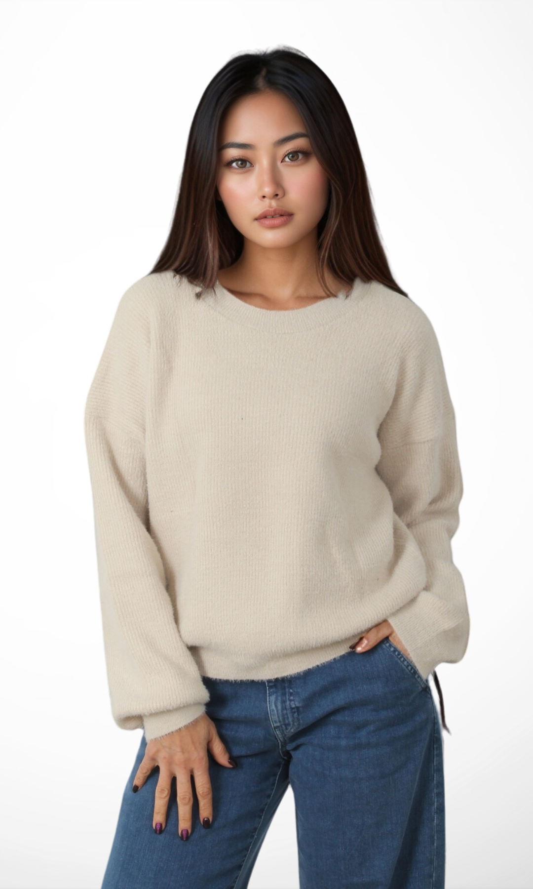 Women Mohair Knit Pullover (Beige)