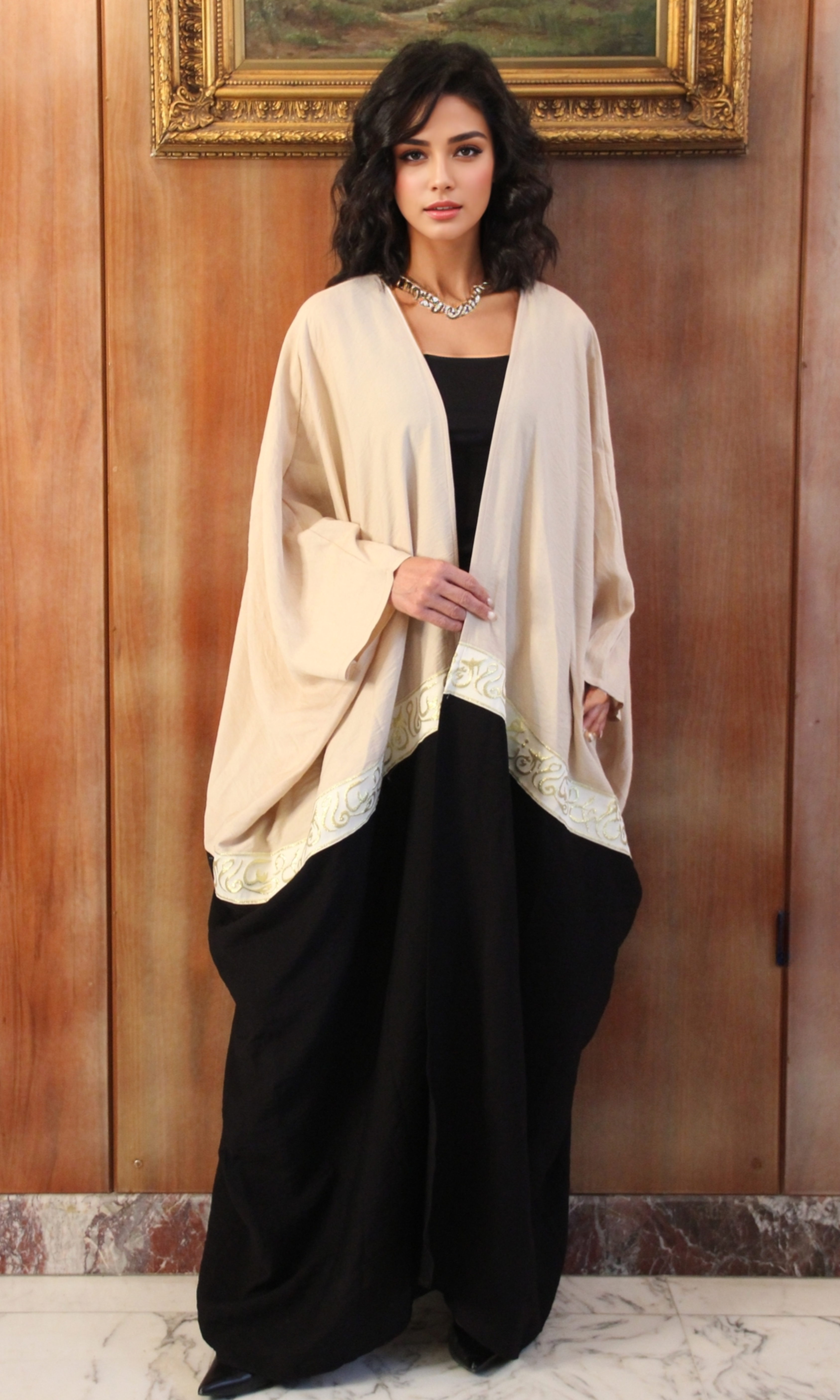 Women Open Front Kaftan (White*Beige)