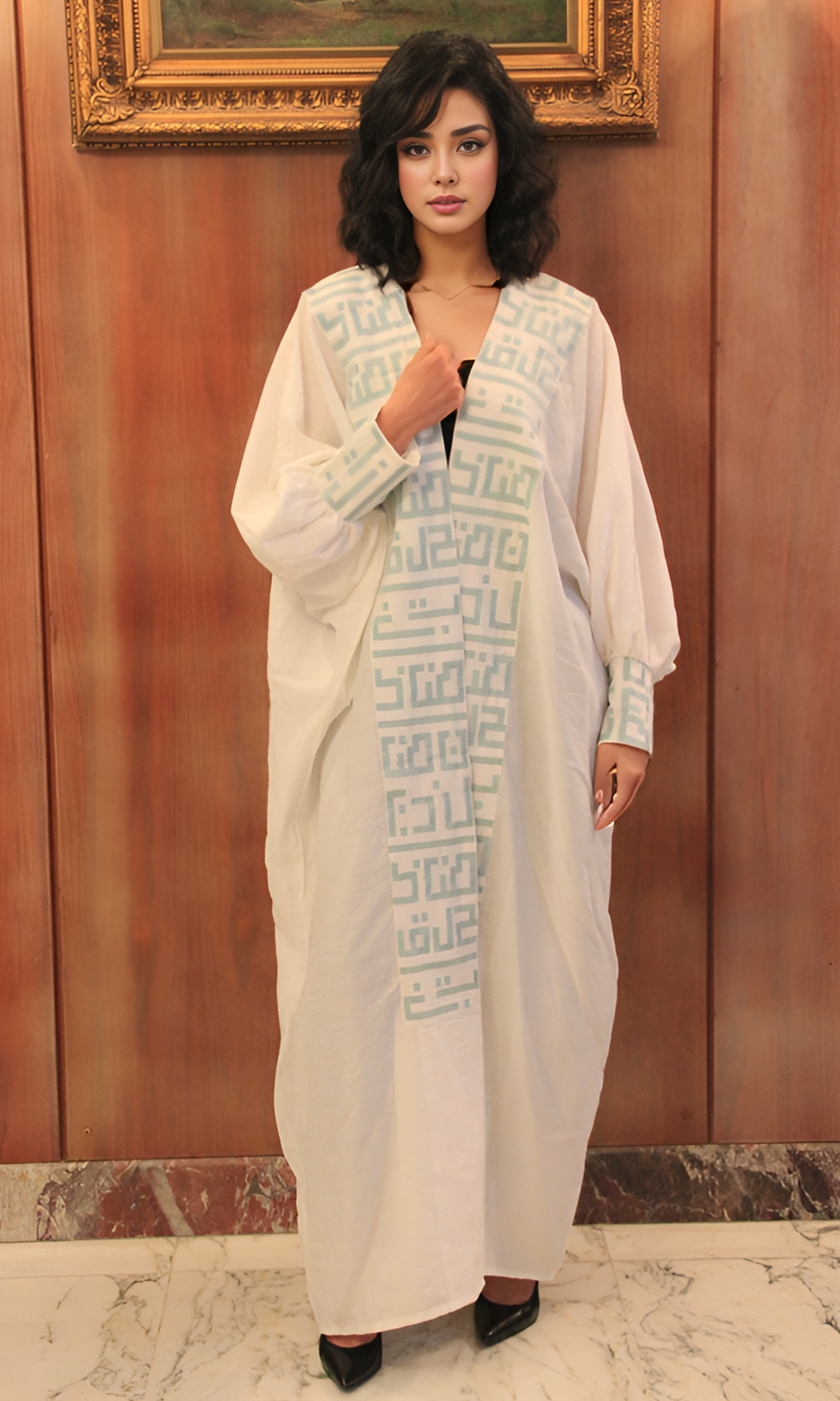 Women Arabic calligraphy Kaftan (White-Mint)