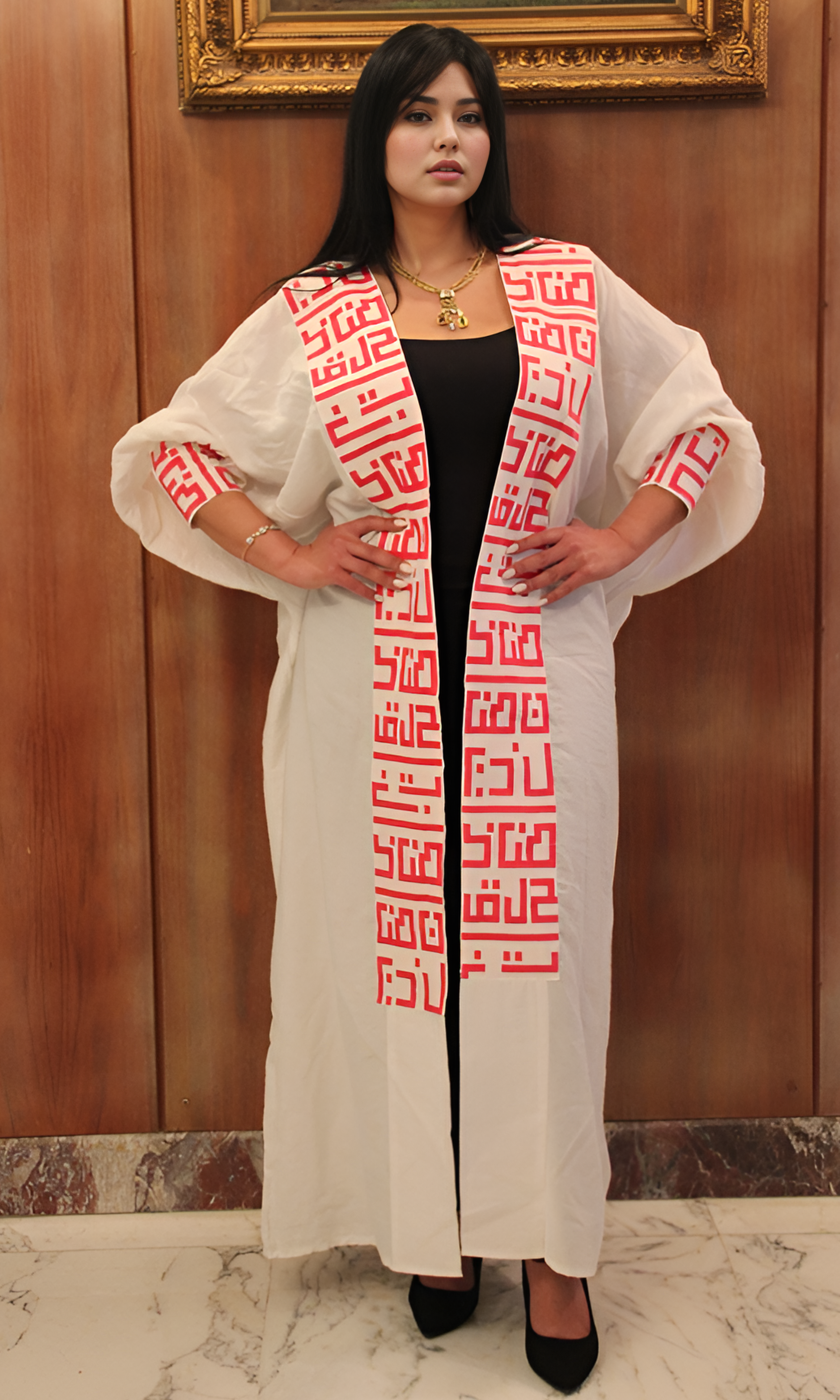 Women Arabic calligraphy Kaftan (White-Pink)
