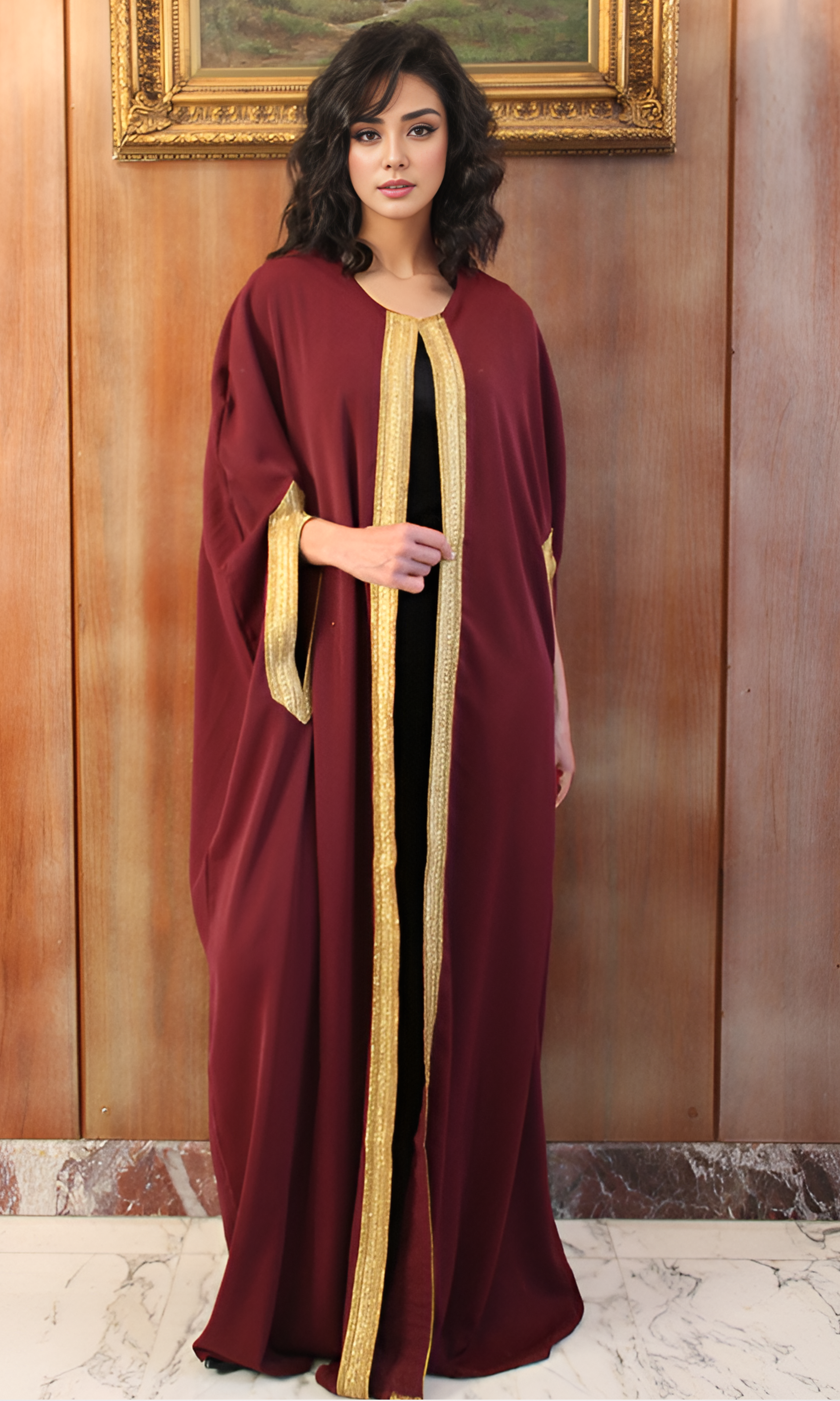 Women Abaya Gold Sleeve (Burgundy)