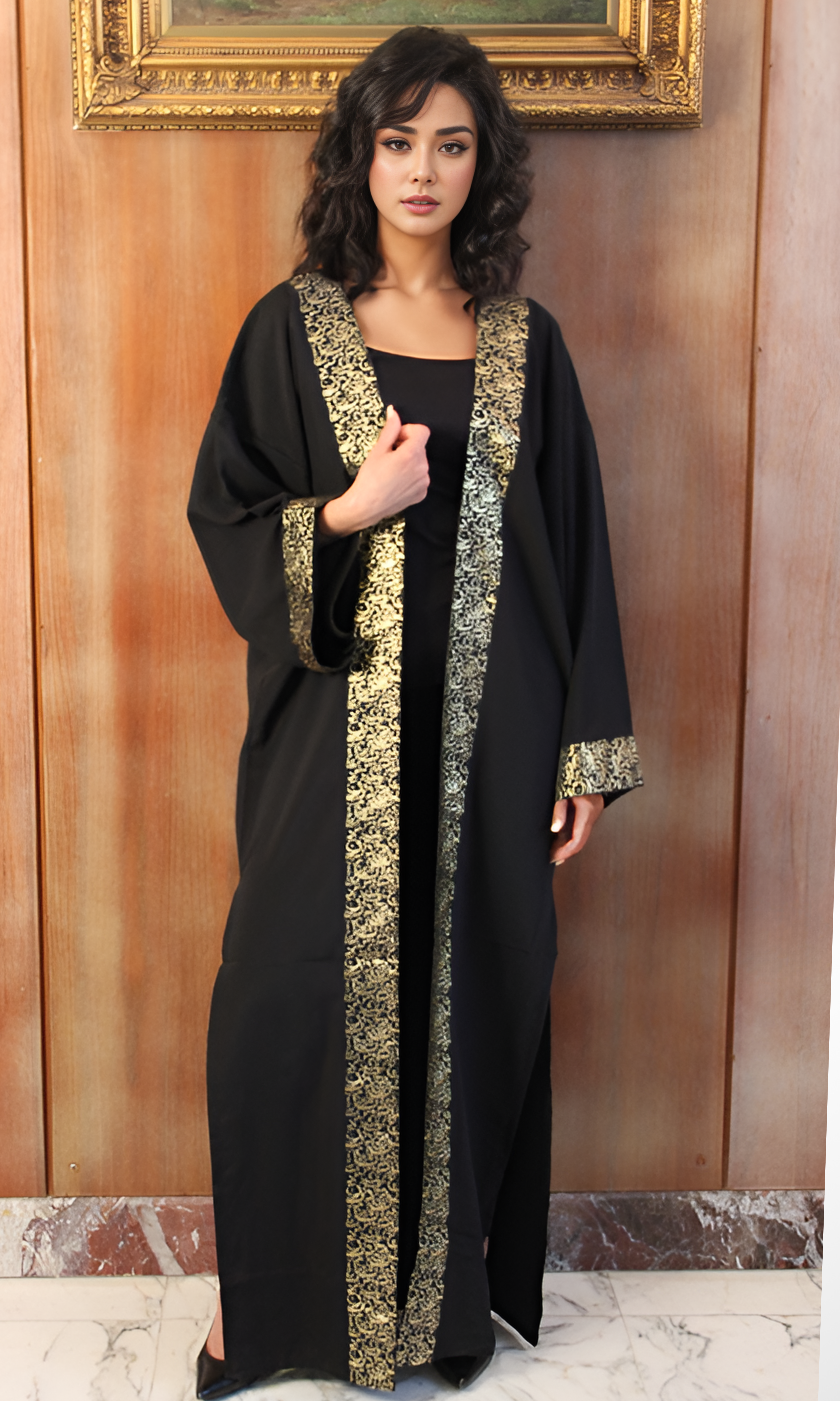 Women Long Kaftan With Arabic Letters in Gold (black)