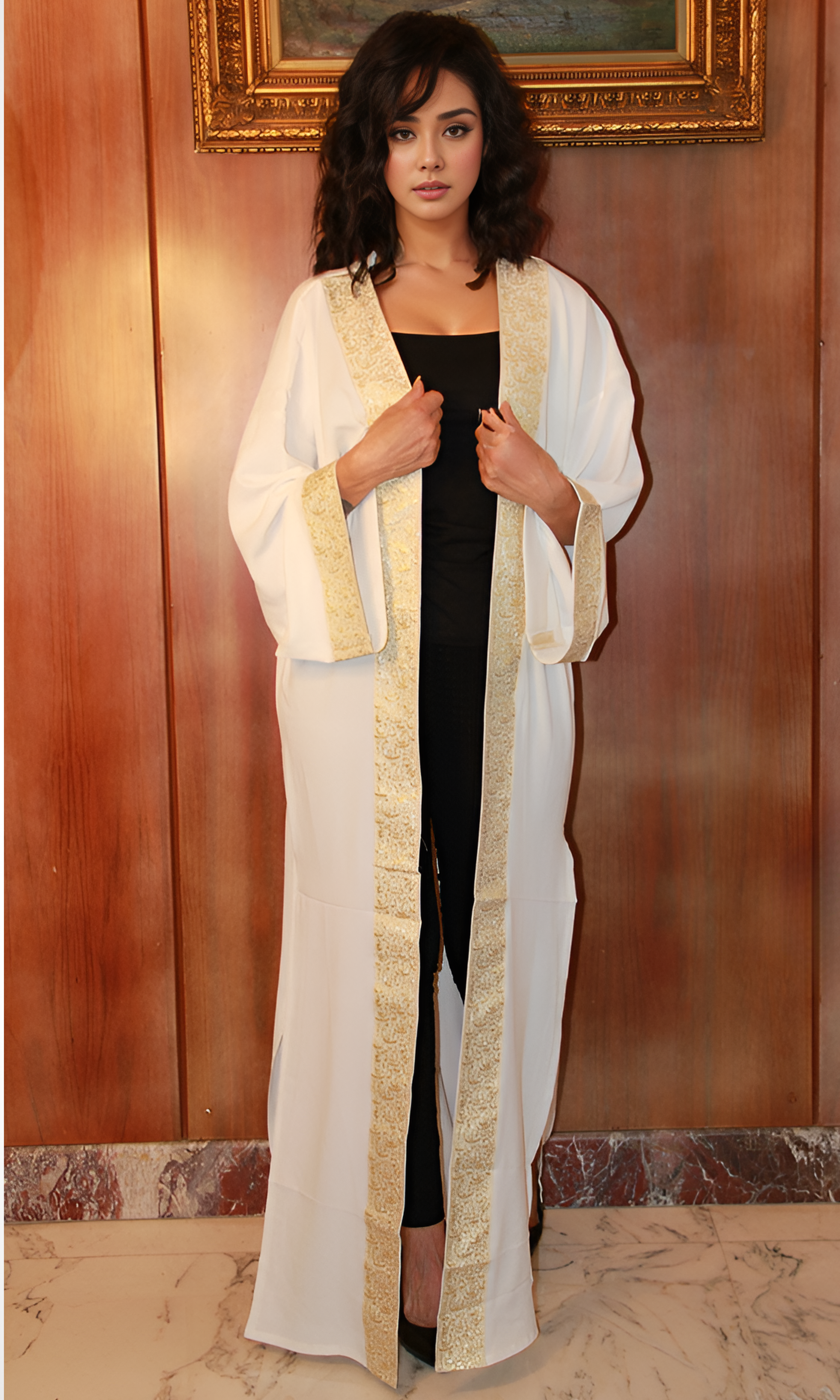 Women Long Kaftan With Arabic Letters in Gold (White)
