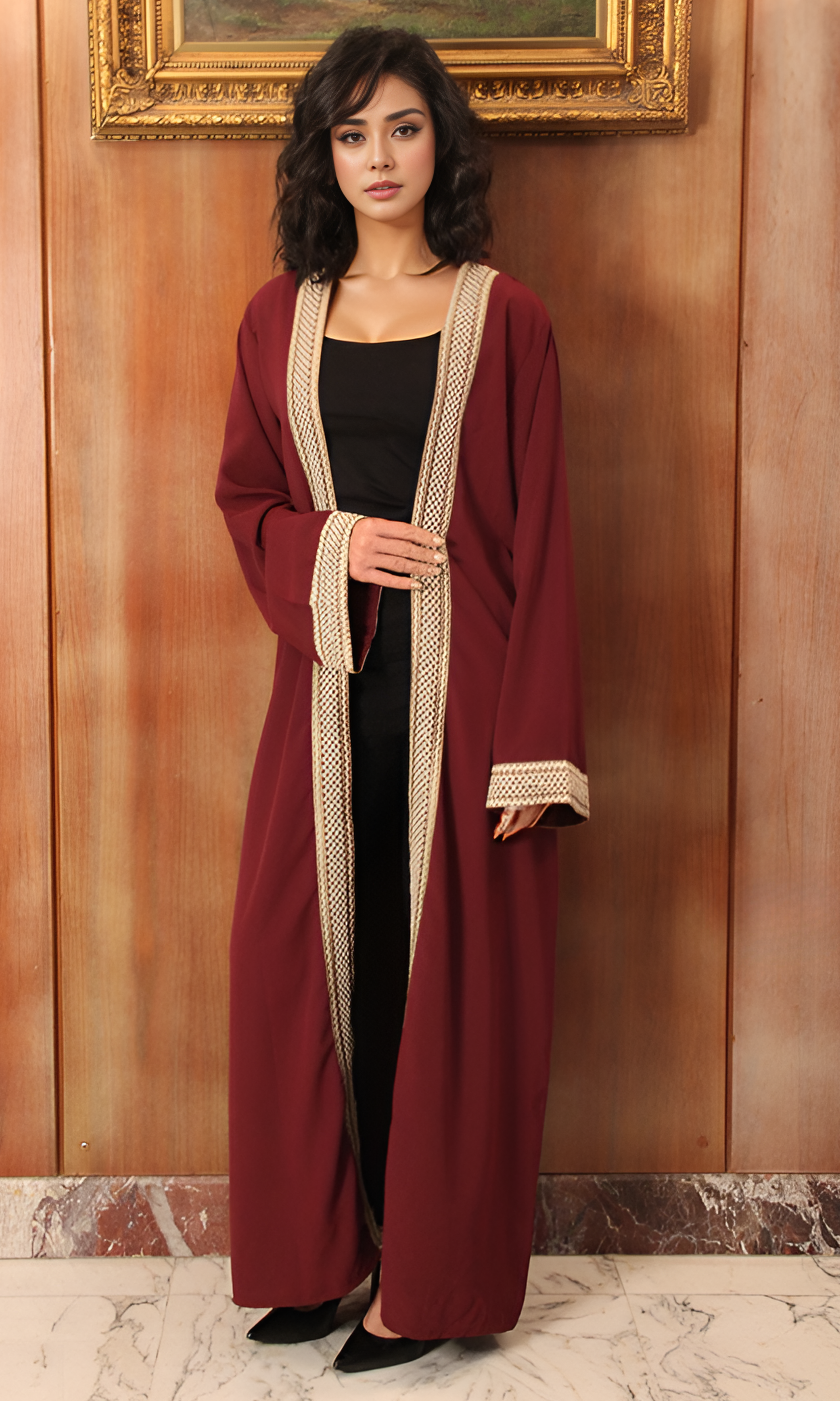 Women Long Cardigan With Tape (Burgundy)