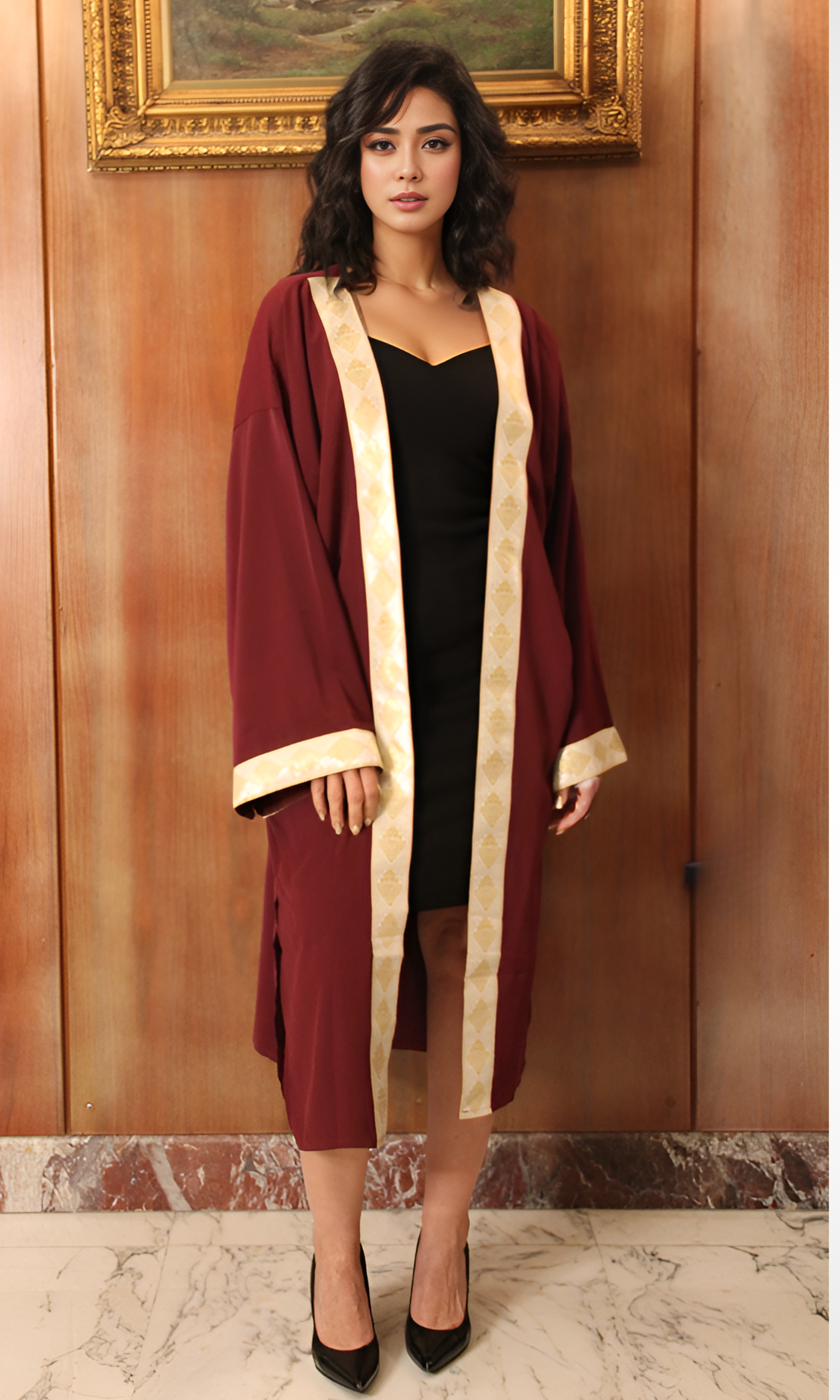 Women Short Cardigan Gold Tape (Burgundy)