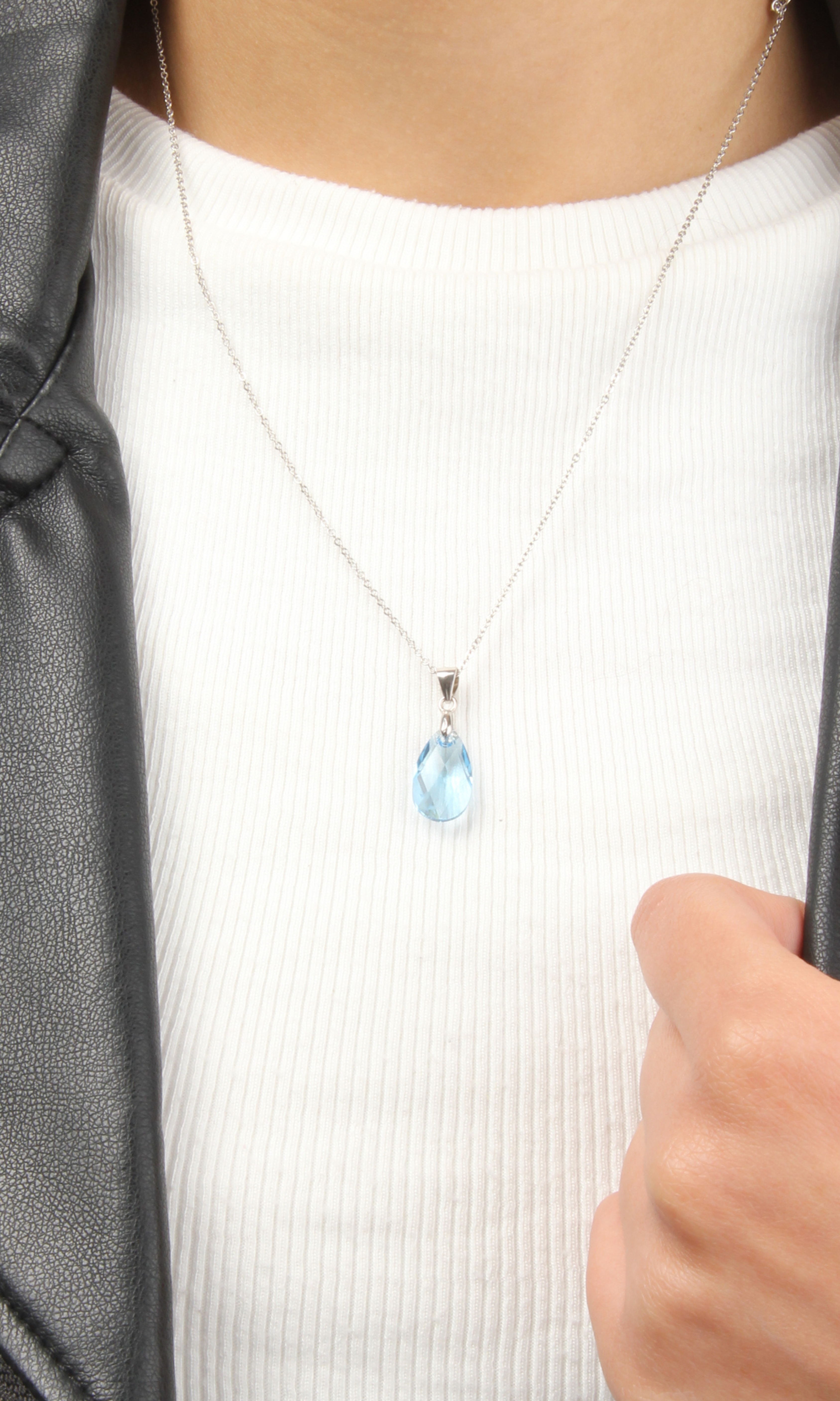 Women Silver Necklace Shape of Water - Crystal (Baby Blue)