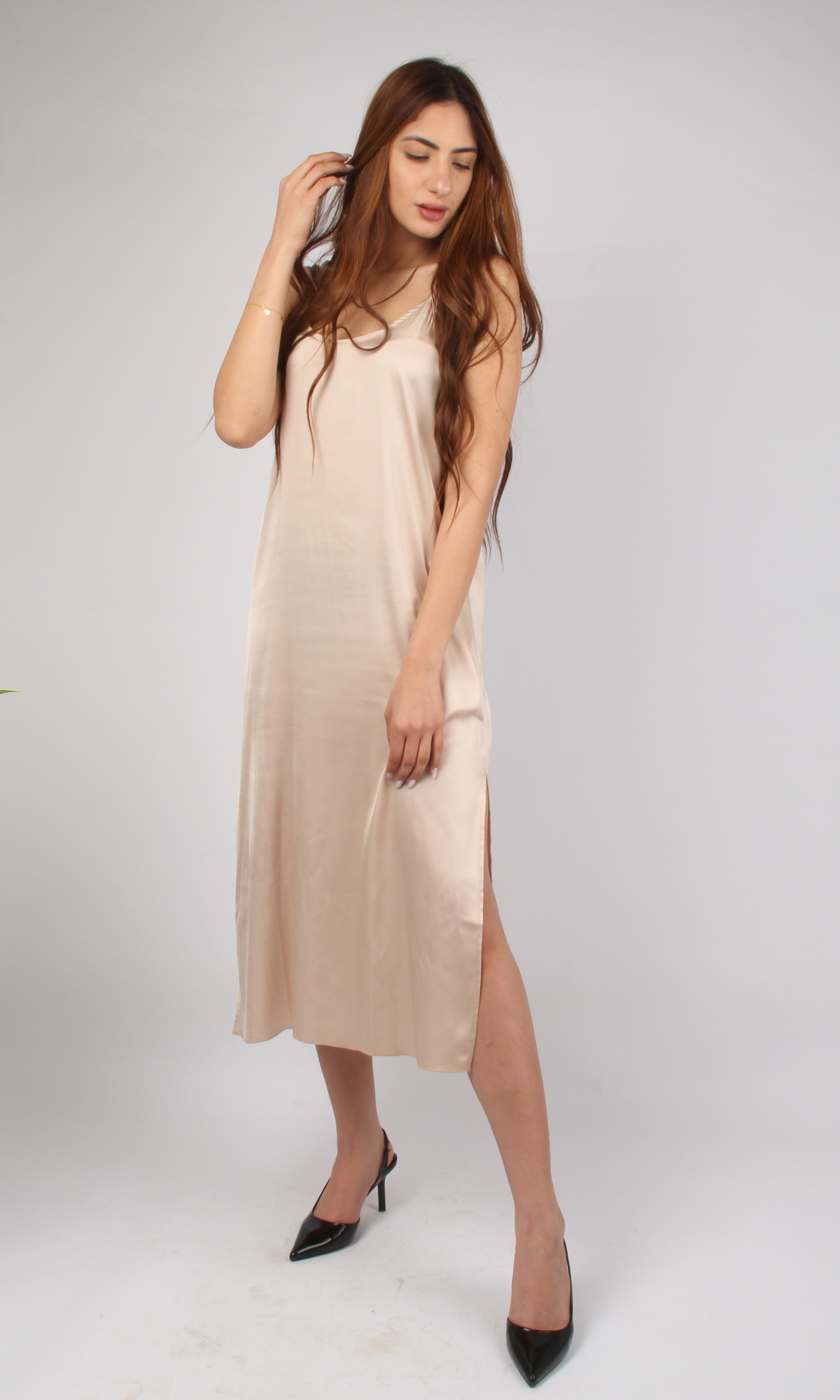 Women Satin Slip Dress (Beige)