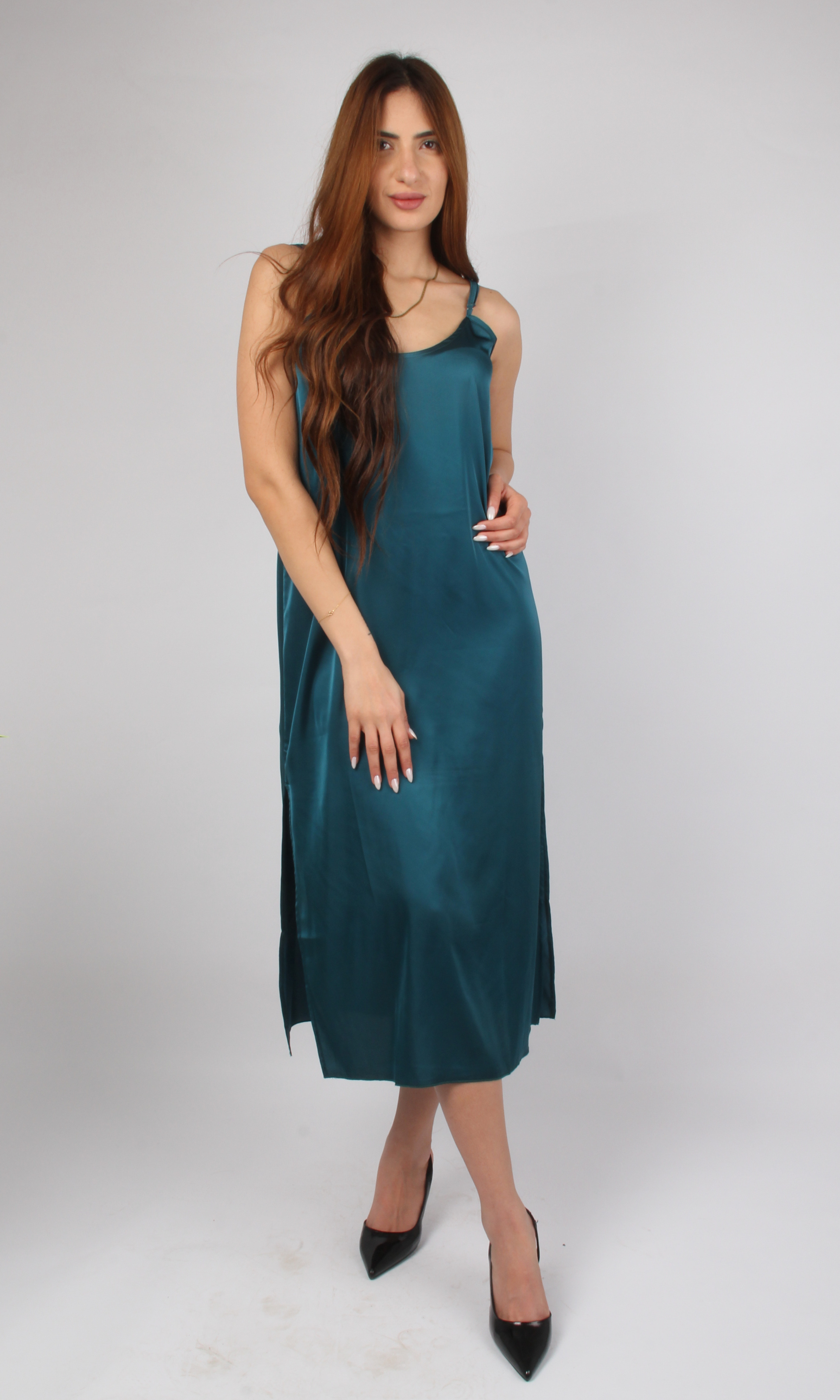Women Satin Slip Dress (Dark Green)
