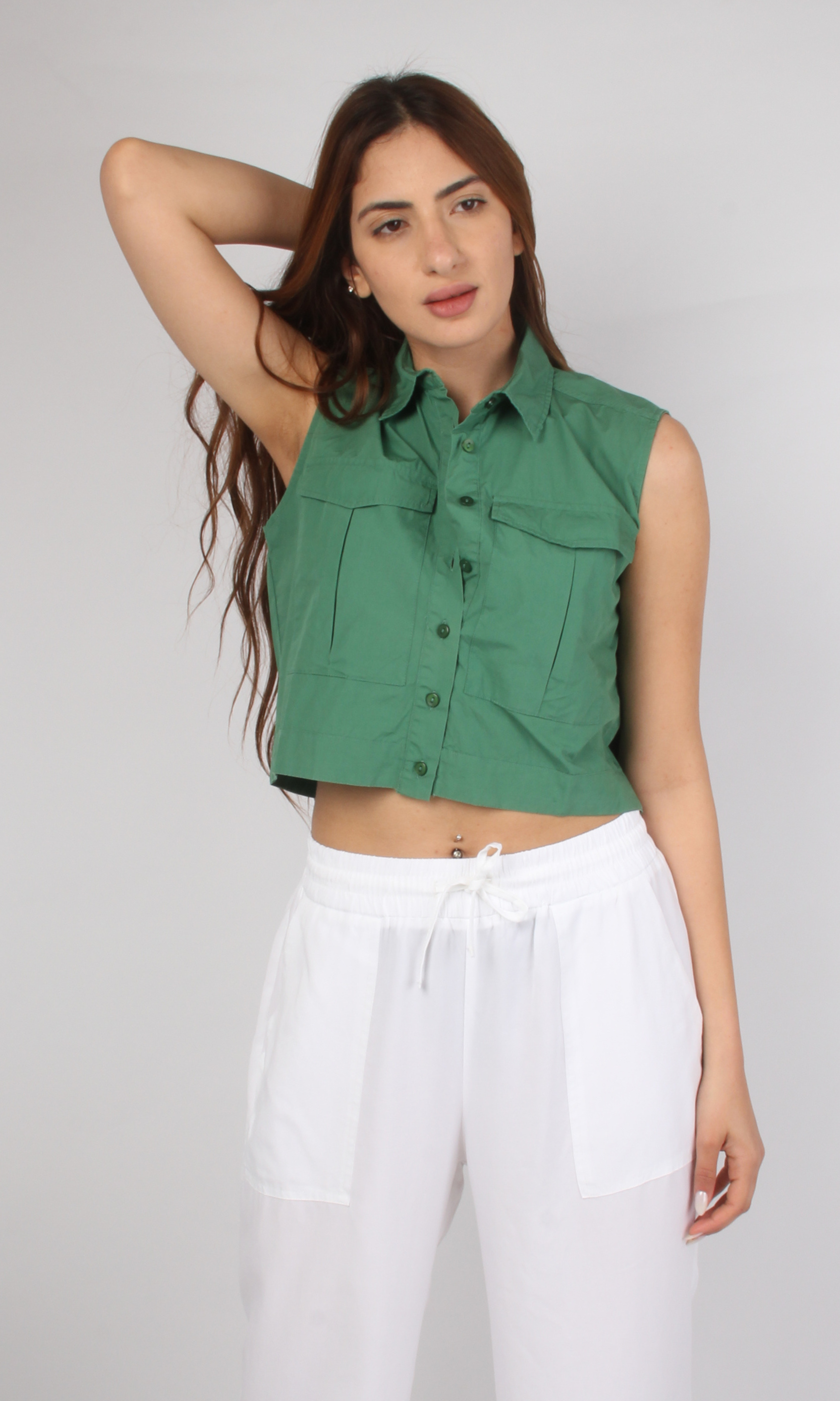 Women Sleeveless Crop Shirt Oversized