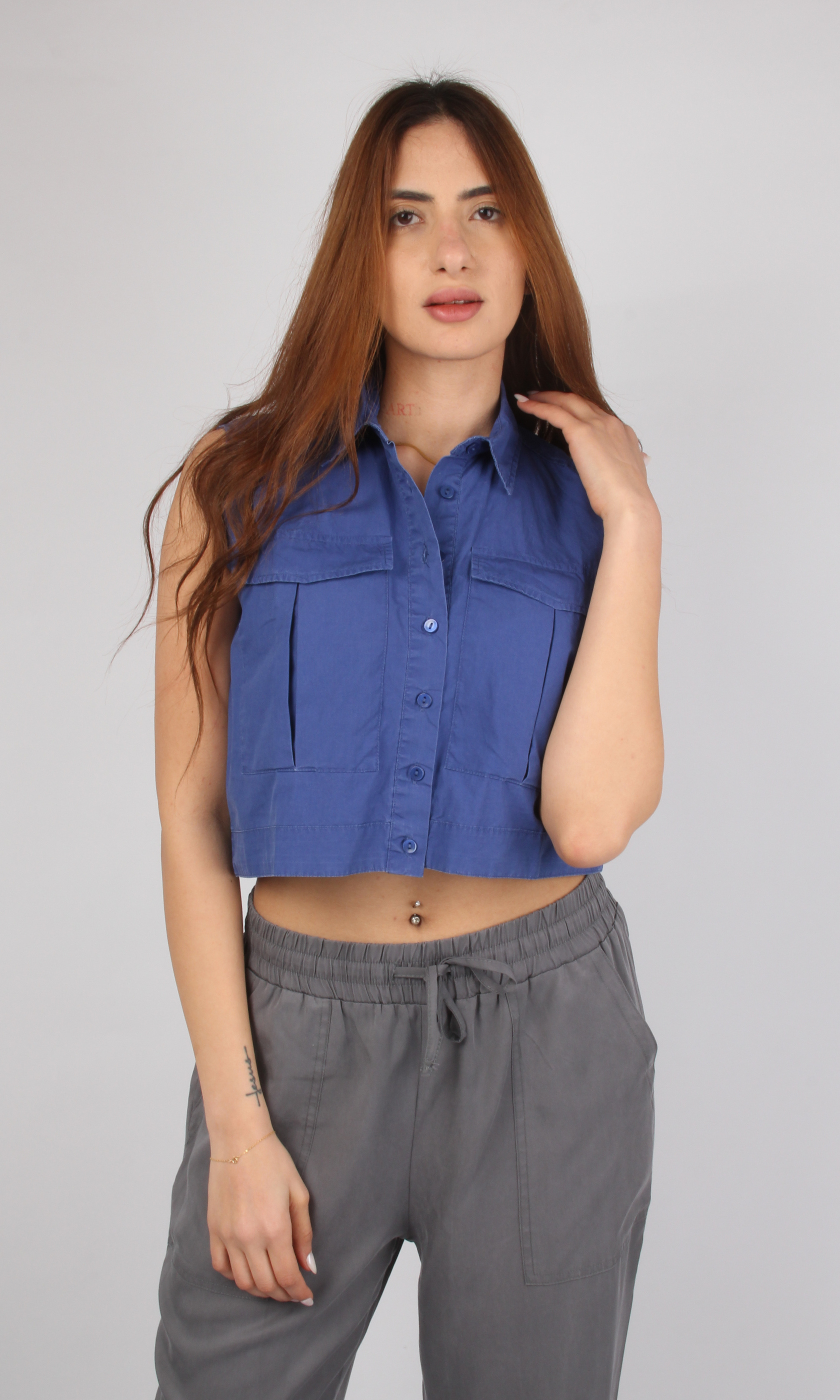 Women Sleeveless Crop Shirt Oversized