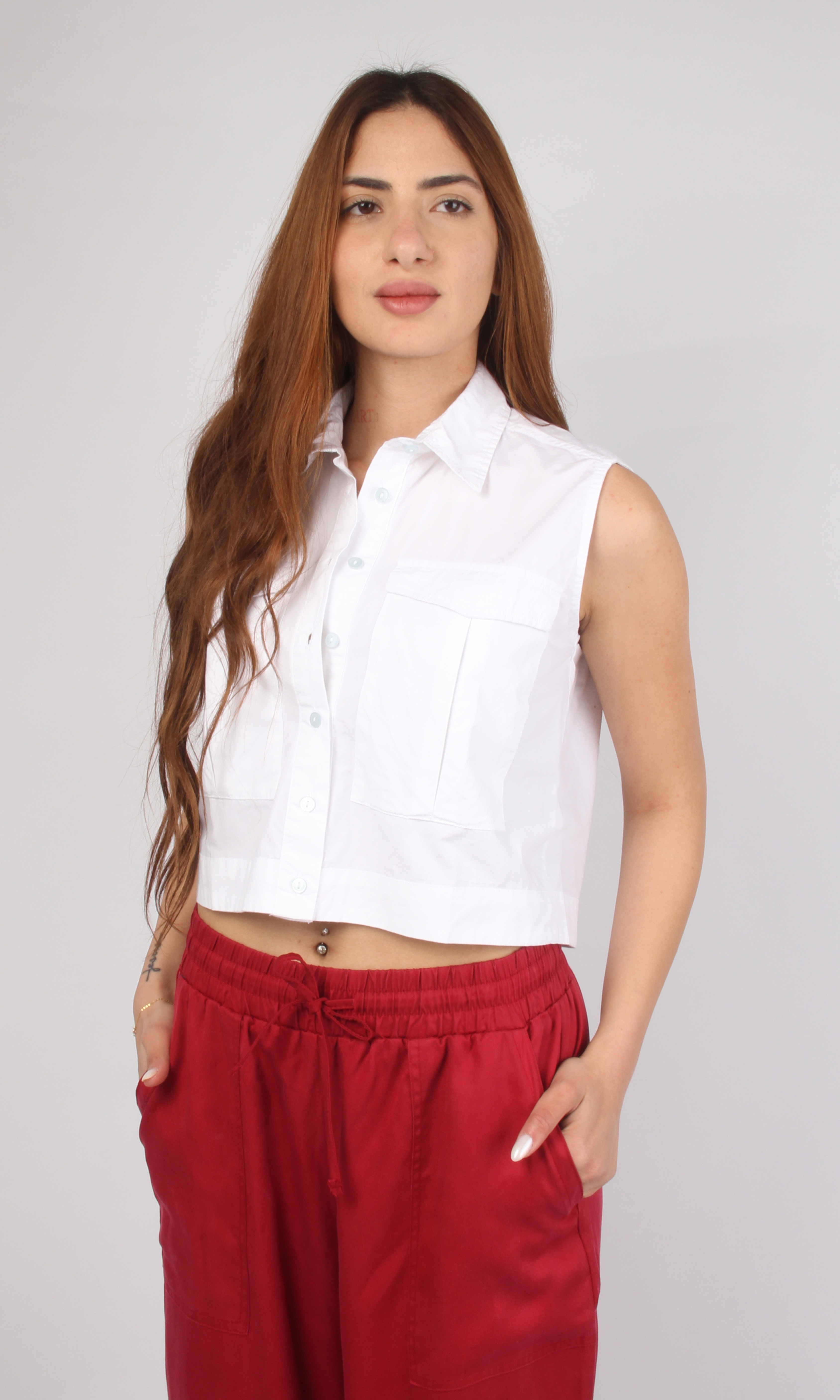 Women Sleeveless Crop Shirt Oversized