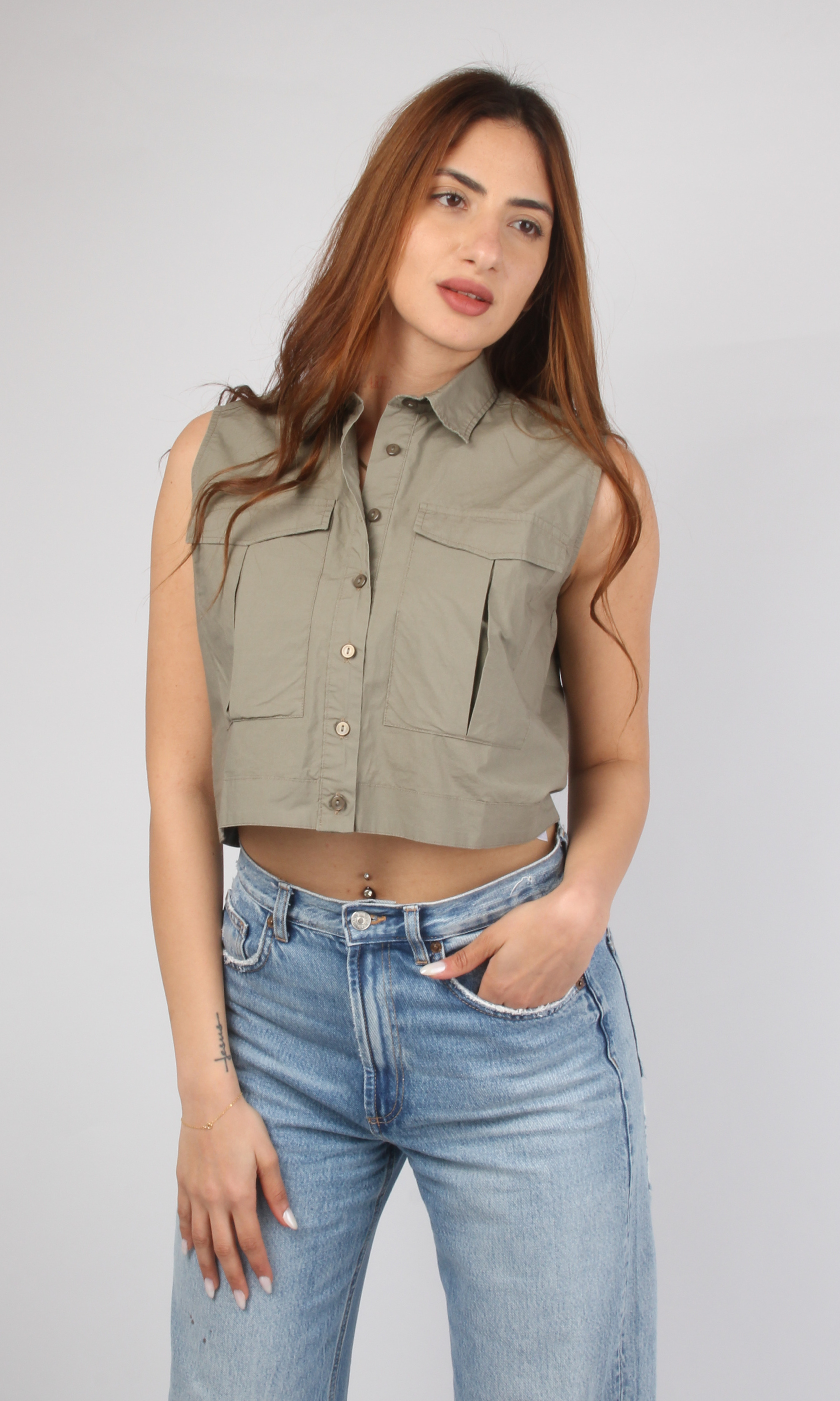 Women Sleeveless Crop Shirt Oversized