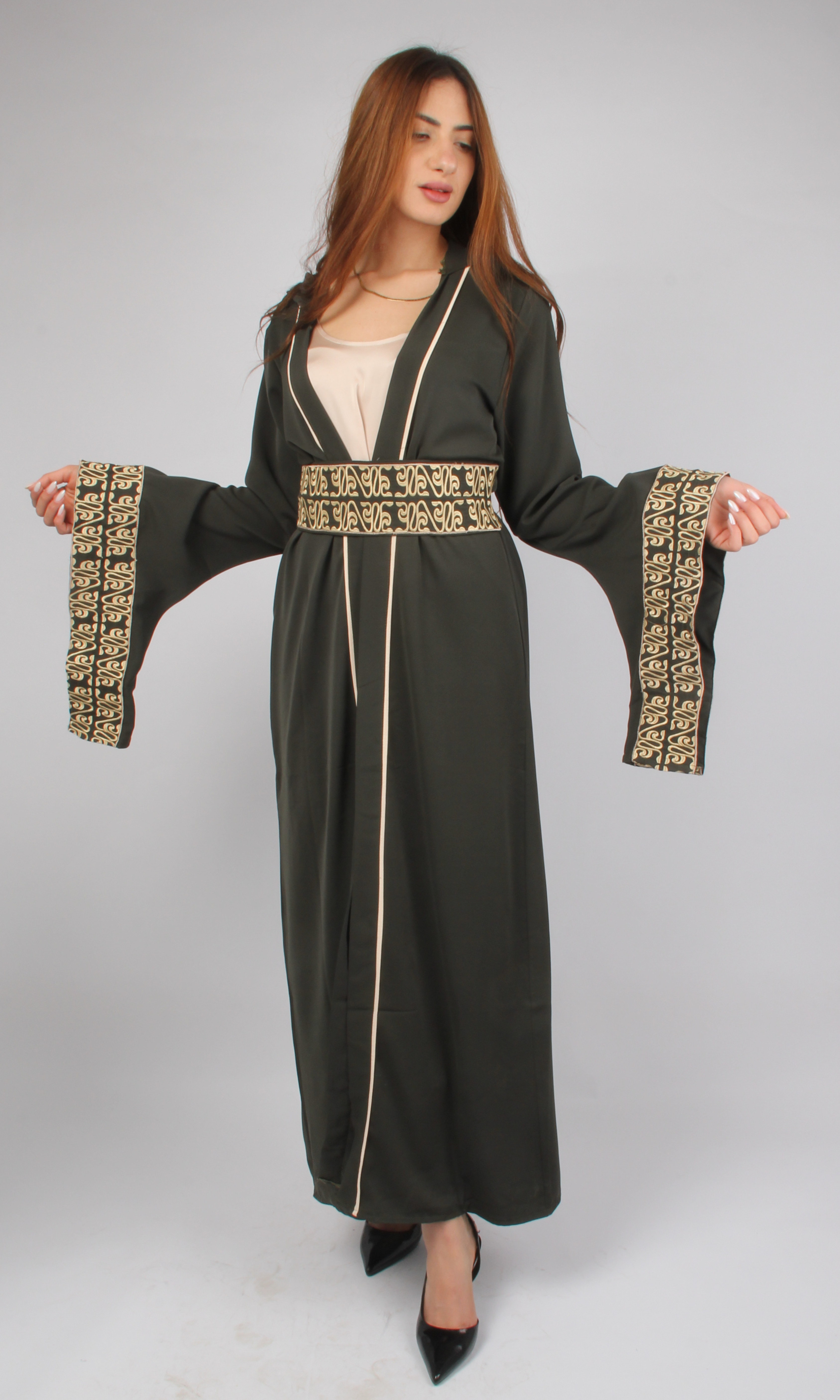 Women Dress Kaftan With Belt & Capuchon  (Oil Green)