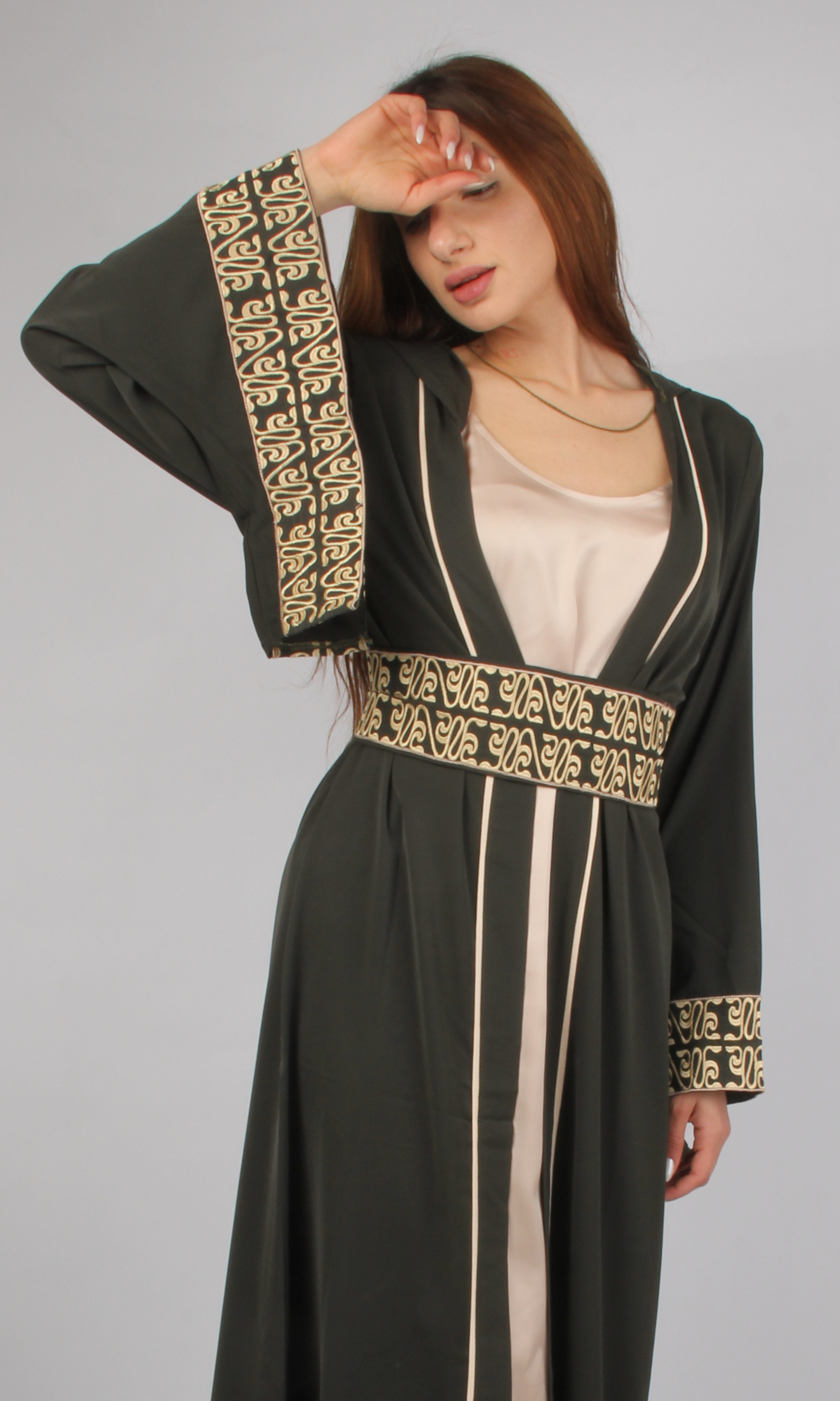 Women Dress Kaftan With Belt & Capuchon  (Oil Green)