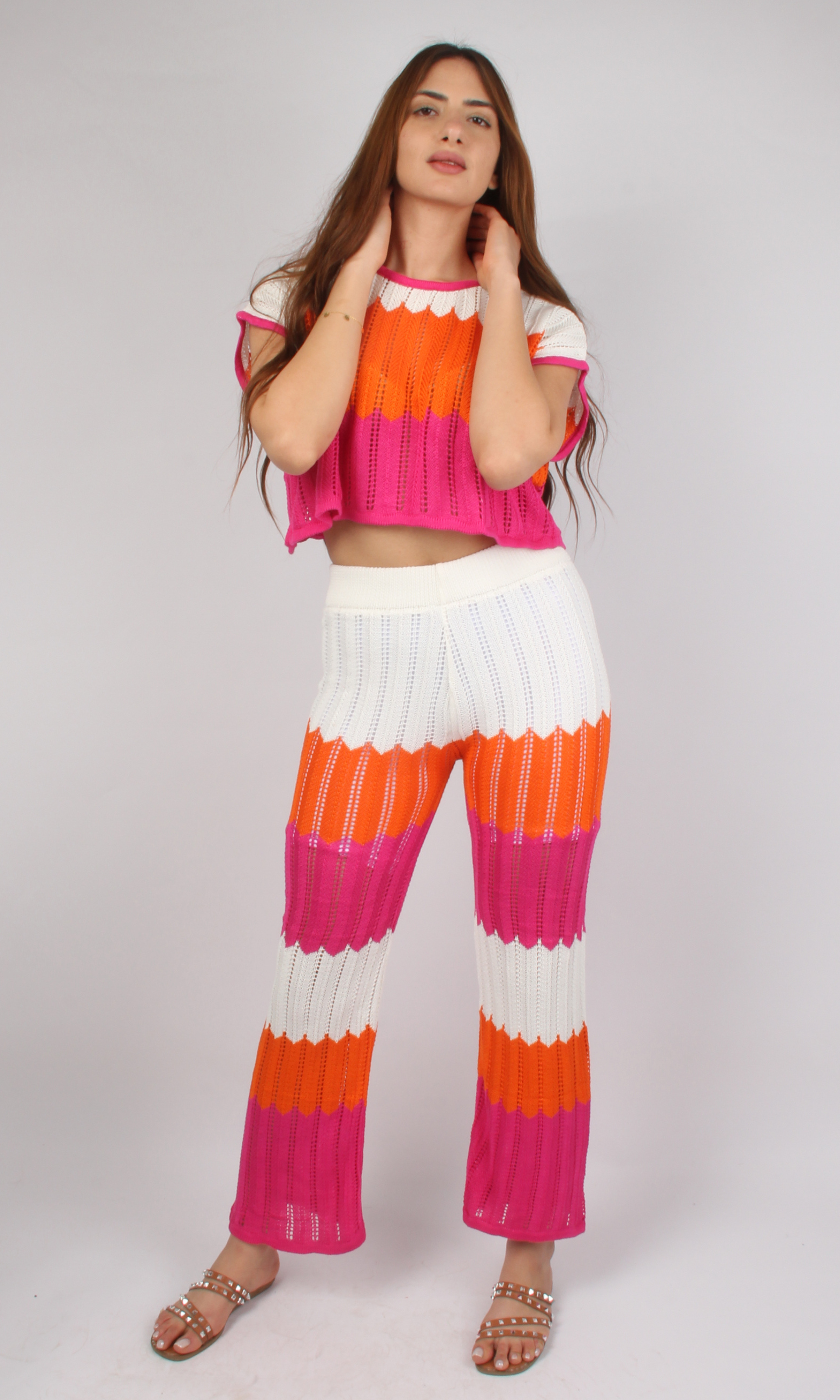 Women Stripe Crochet Knitted Set (Orange)