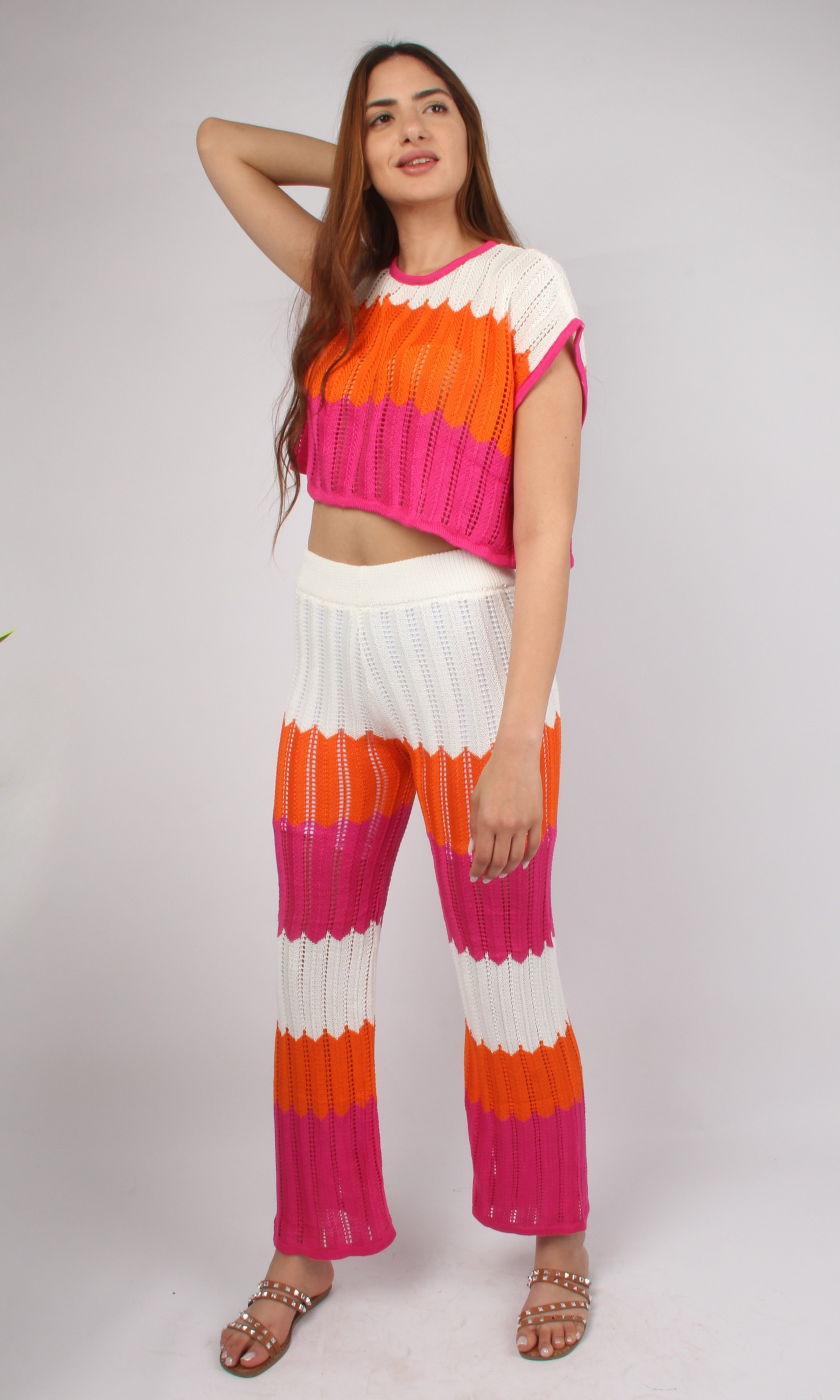 Women Stripe Crochet Knitted Set (Orange)