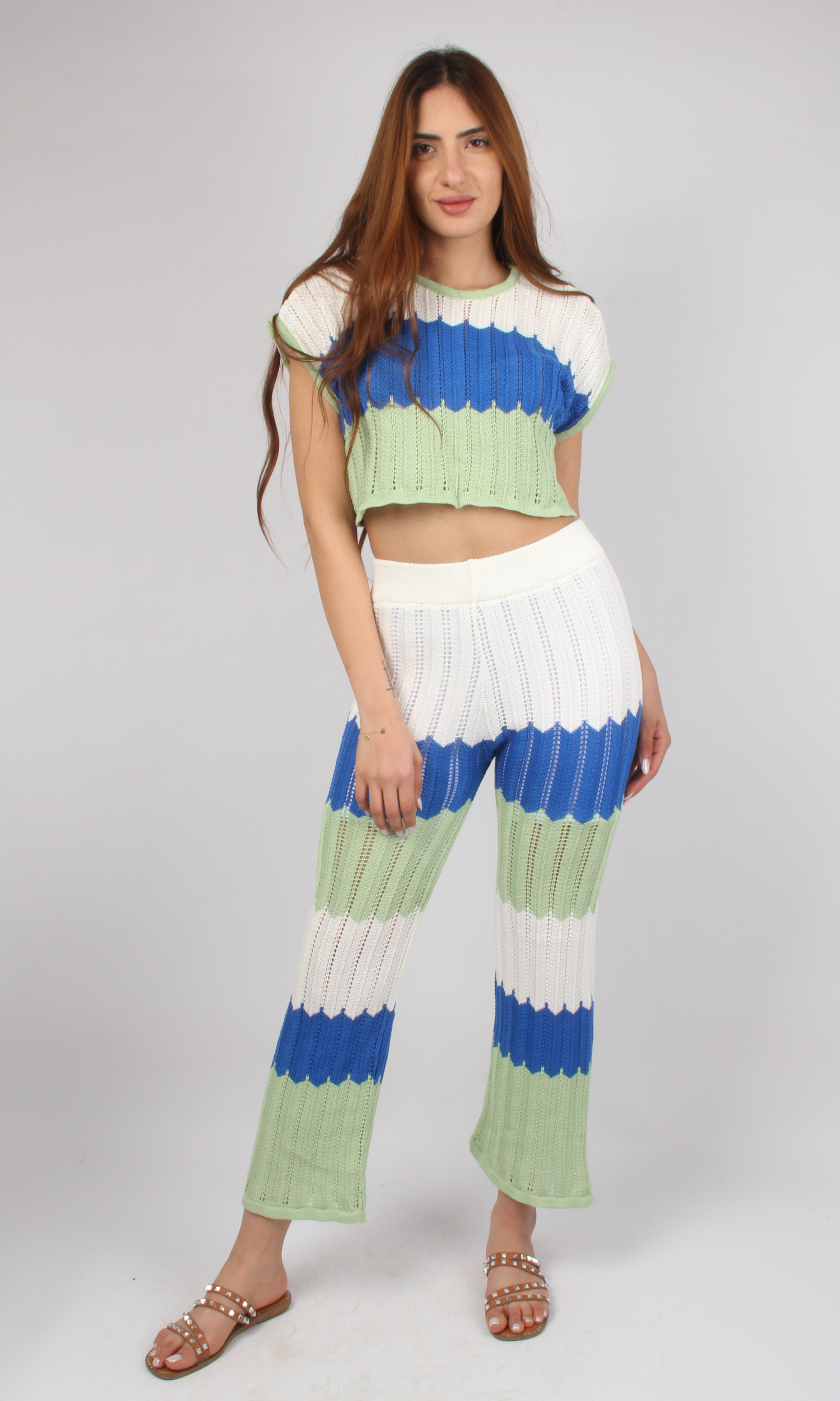 Women Stripe Crochet Knitted Set (Blue)