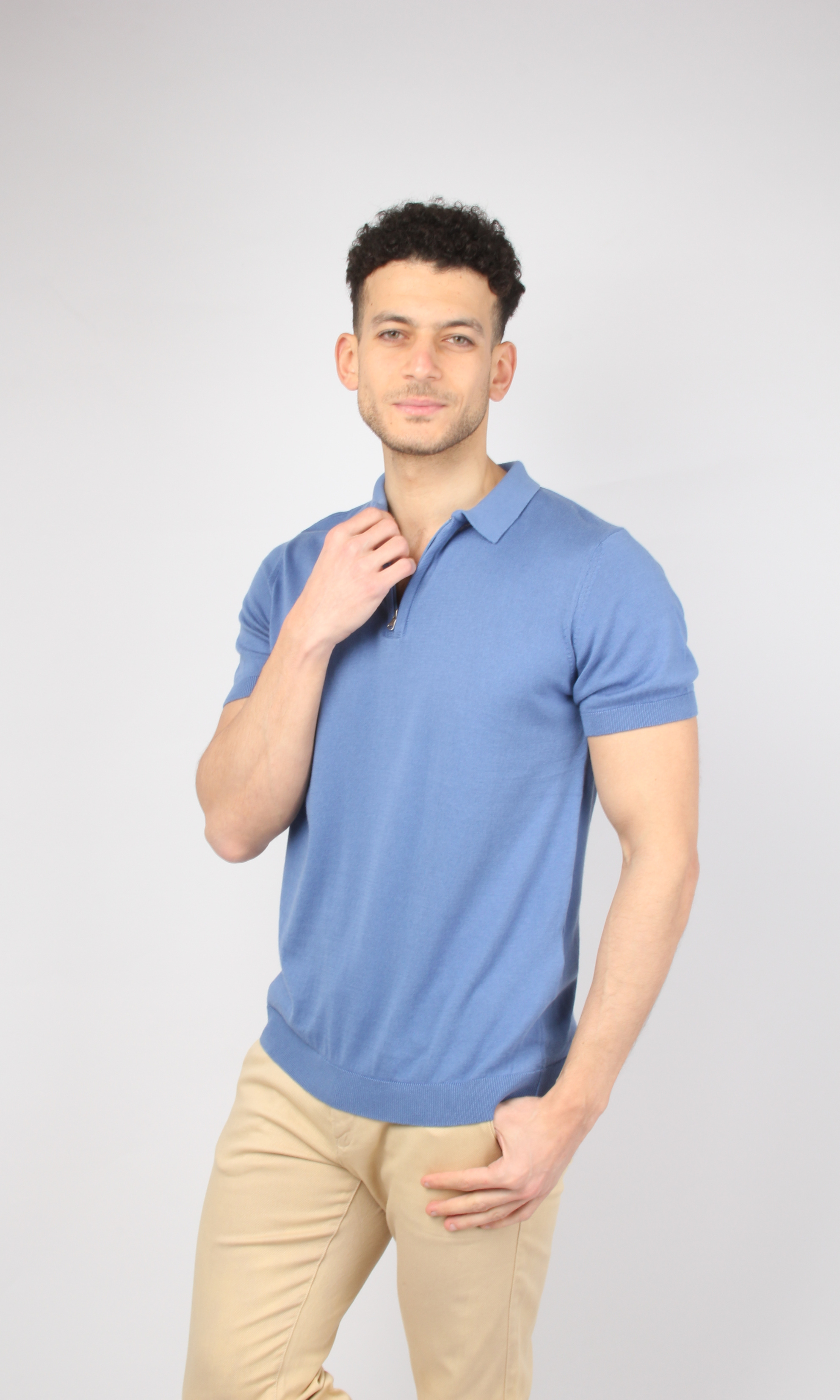 Men Half Zipper Polo Shirt (Light Blue)