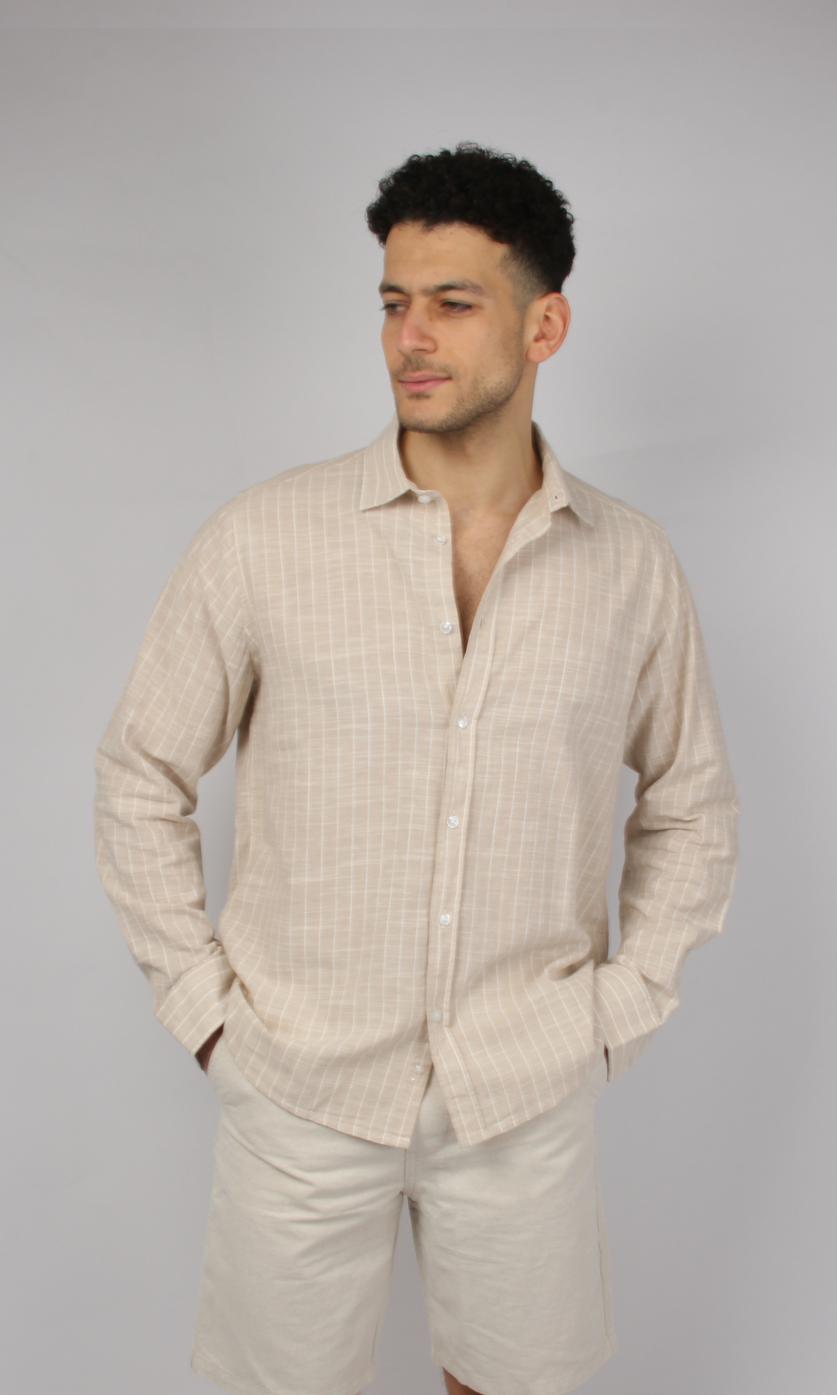 Men Full Buttons Linen Shirt (Beige)