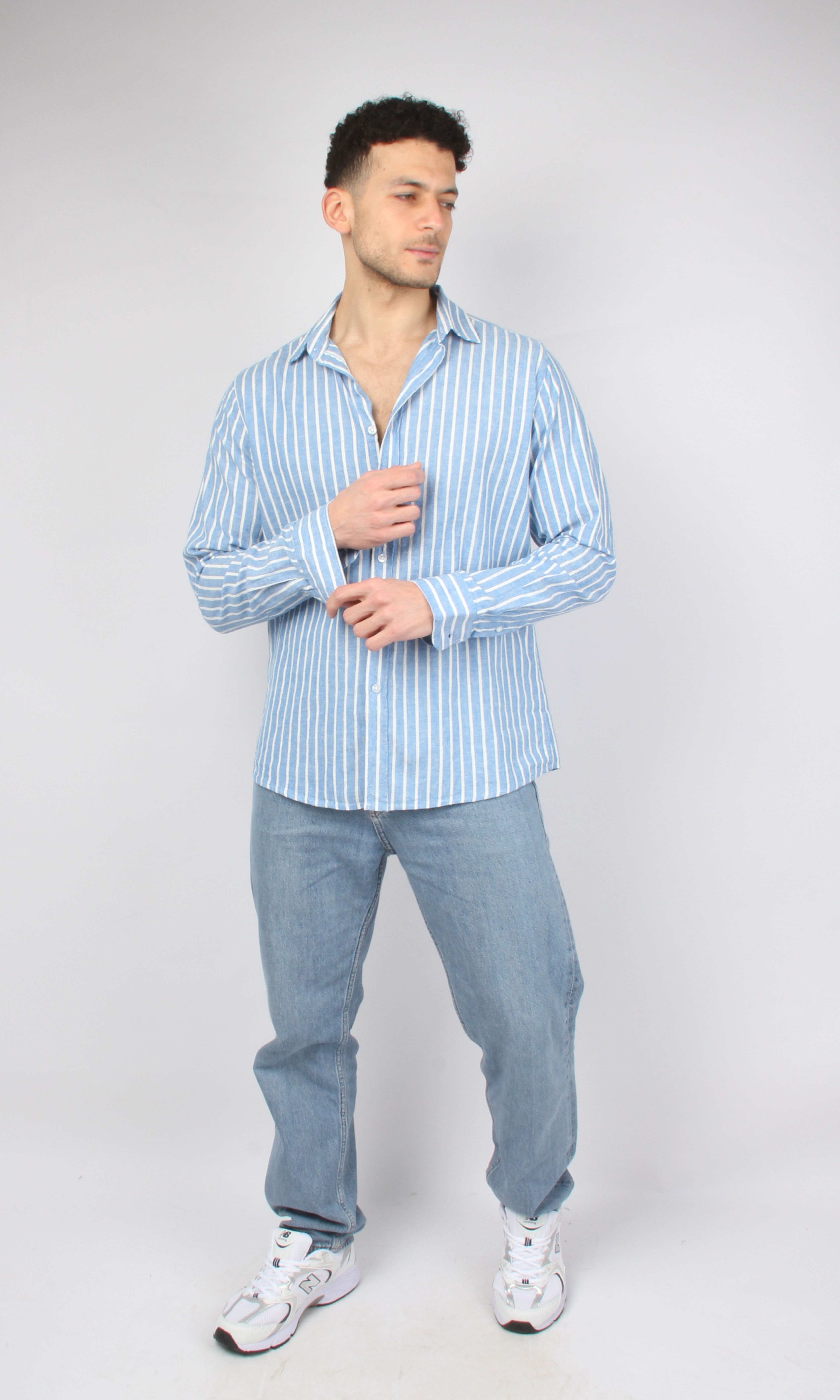 Men Full Buttons Linen Shirt (White*Blue)