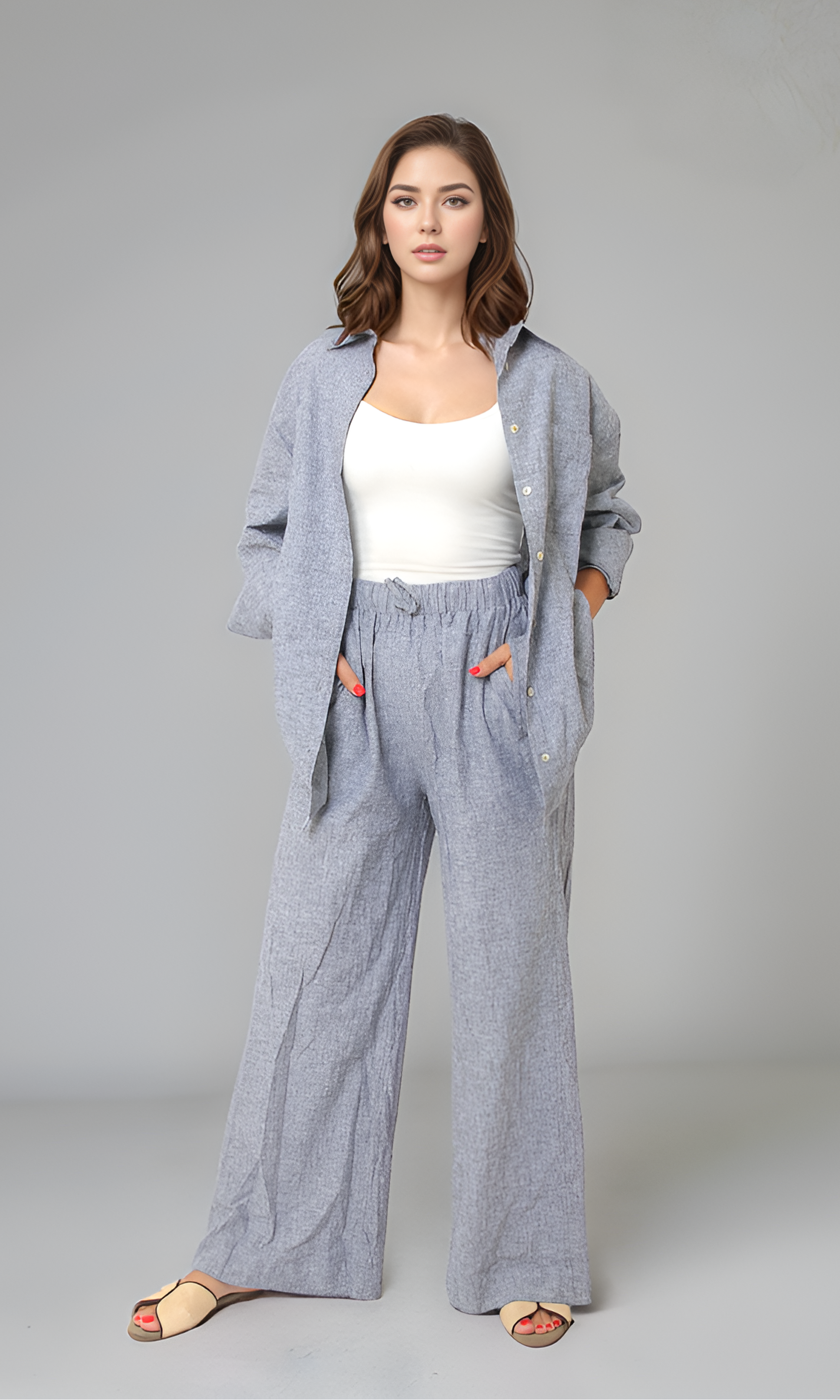 Women Linen Casual Set (Navy Blue*Grey)