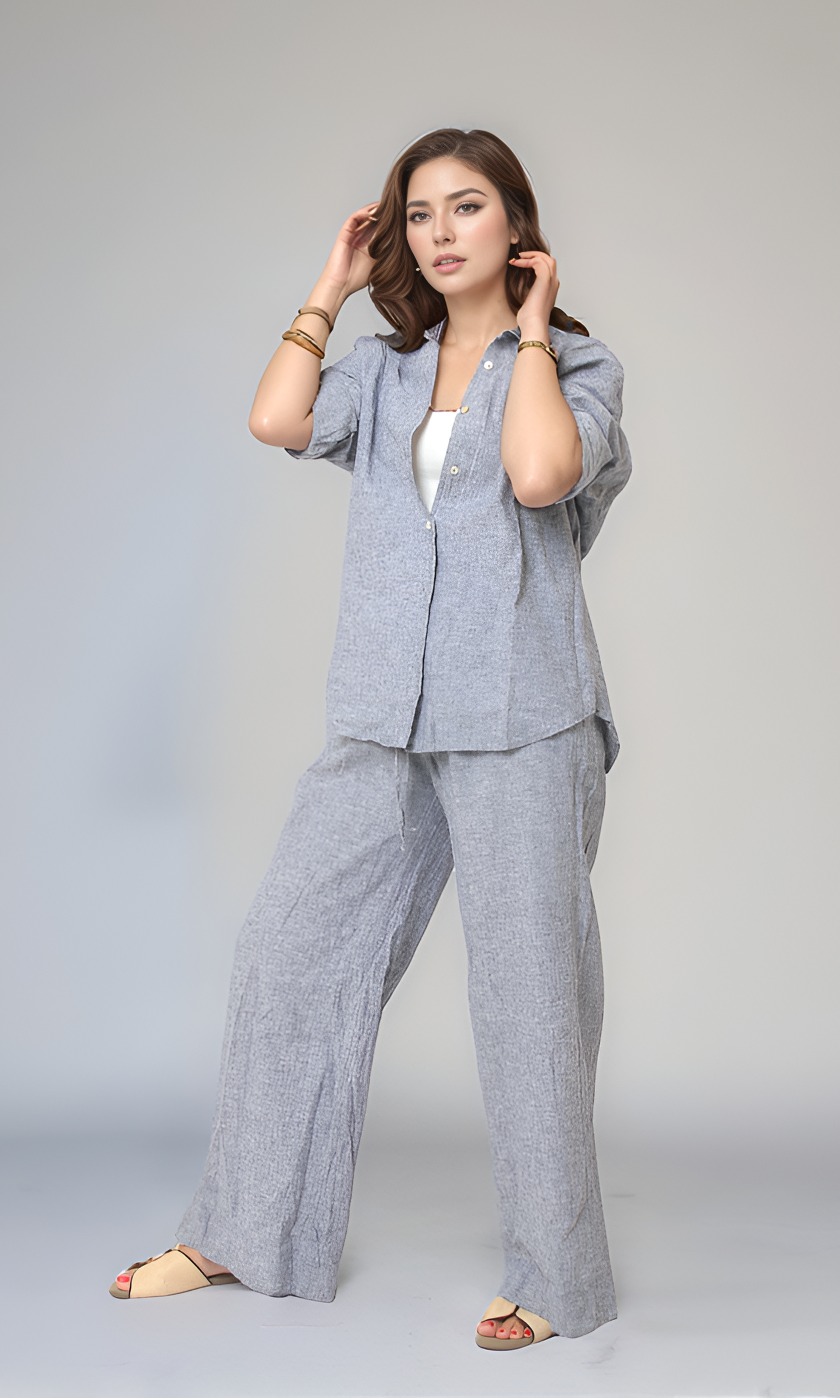 Women Linen Casual Set (Navy Blue*Grey)