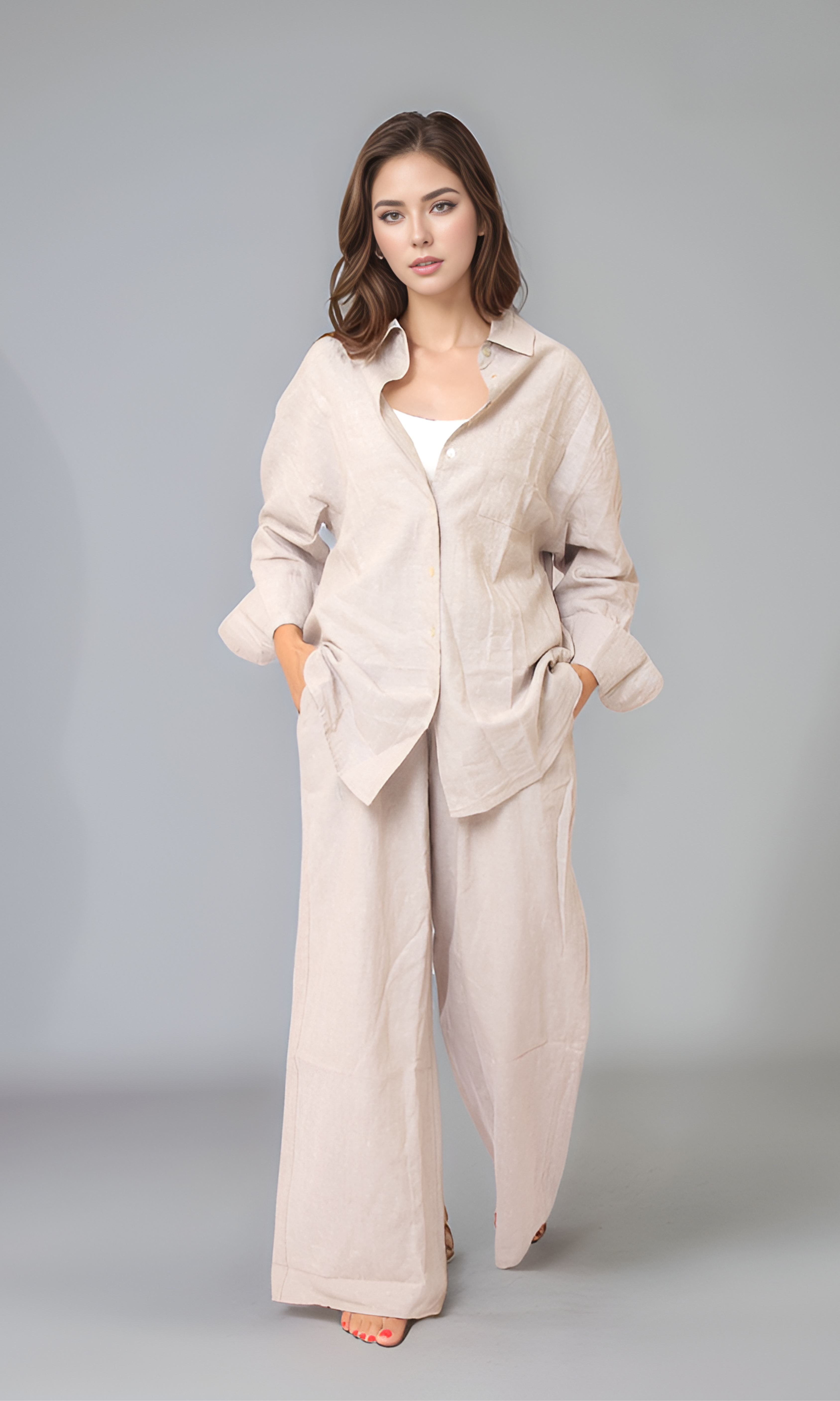 Women Linen Casual Set (Beige)