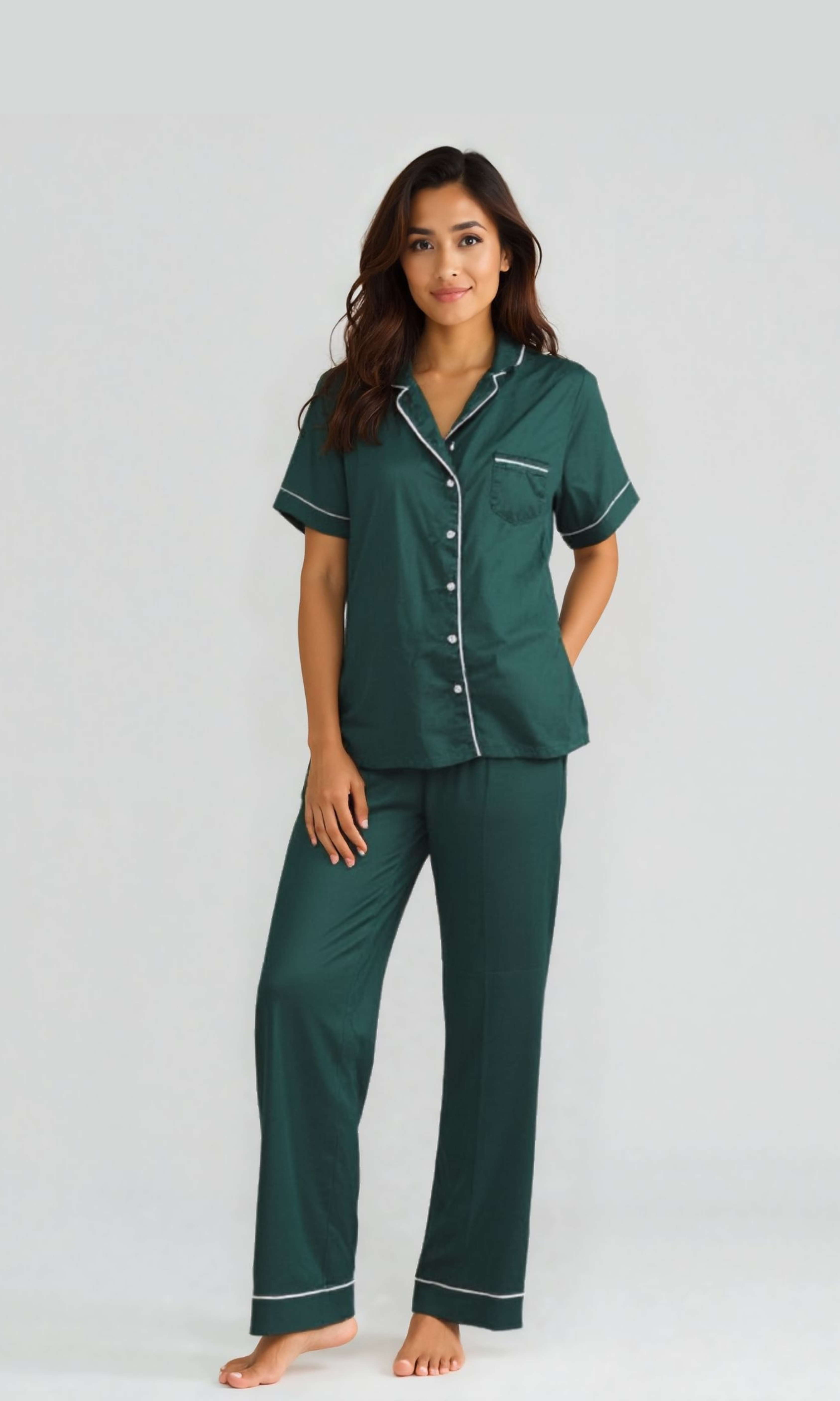 Women Nightwear Pajama Set Satin Pants (Green)