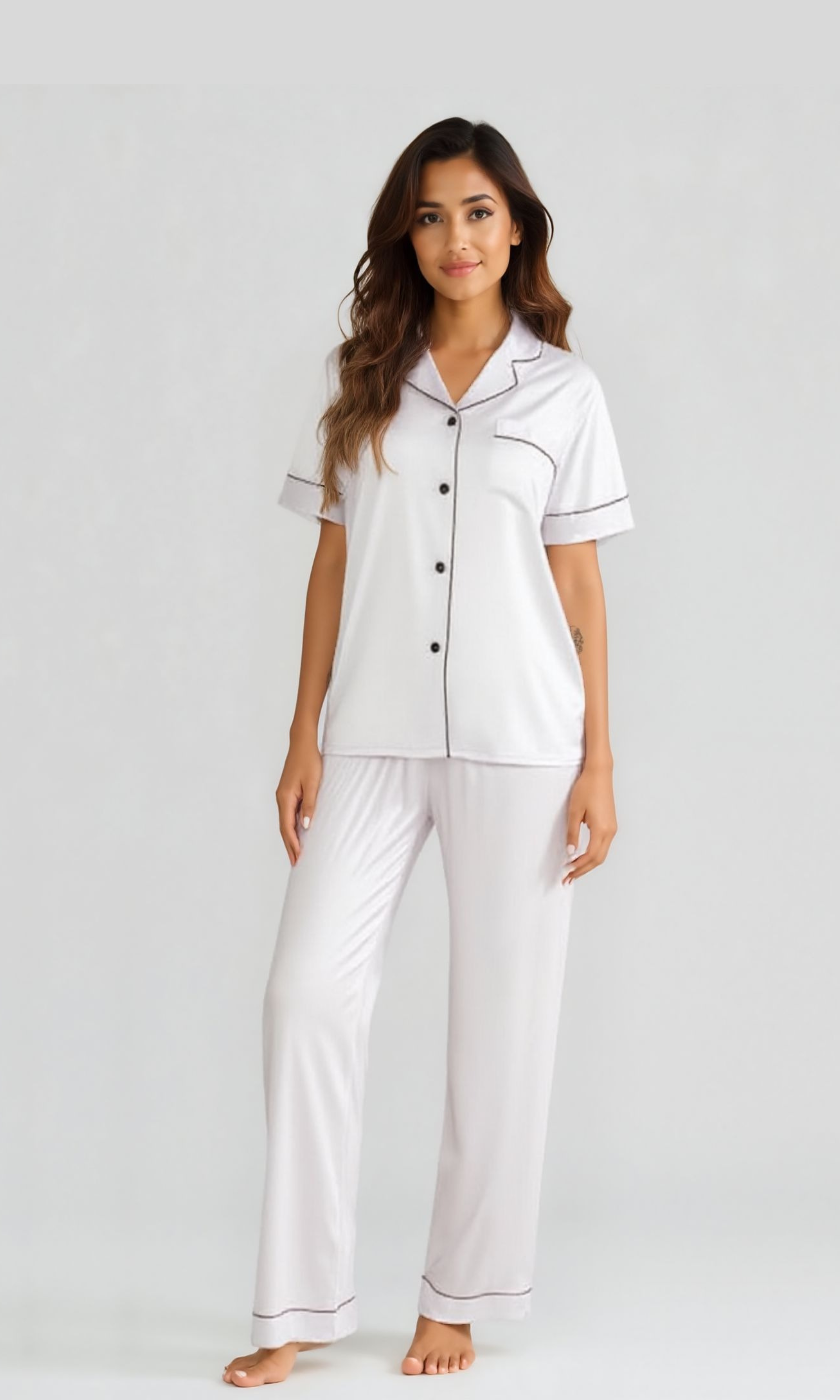 Women Nightwear Pajama Set Satin Pants (White)