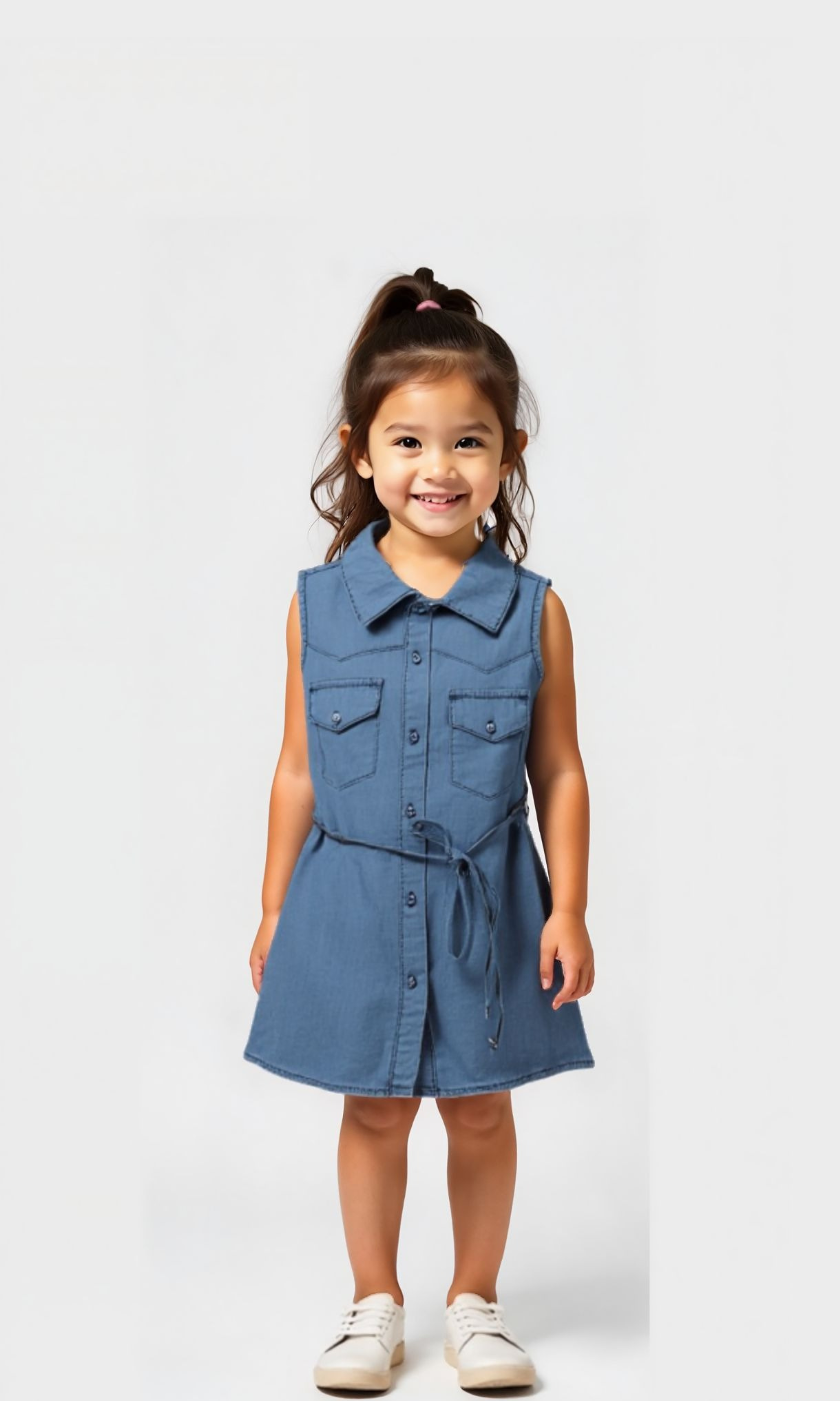 Girls Sleeveless Denim Shirt Dress (Light Blue)