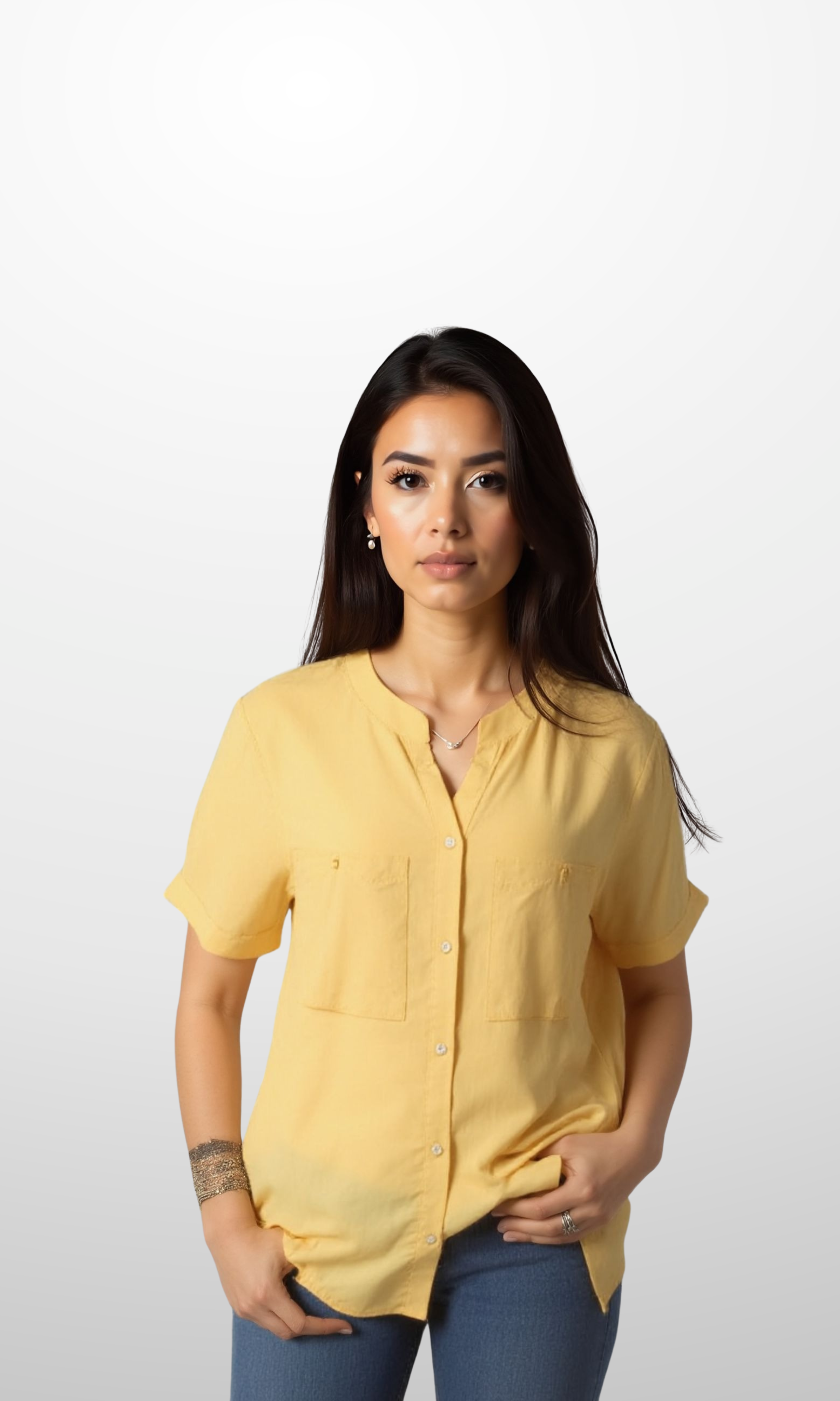 Women Blouse with Chest Pocket V Collar (Yellow Mustard)