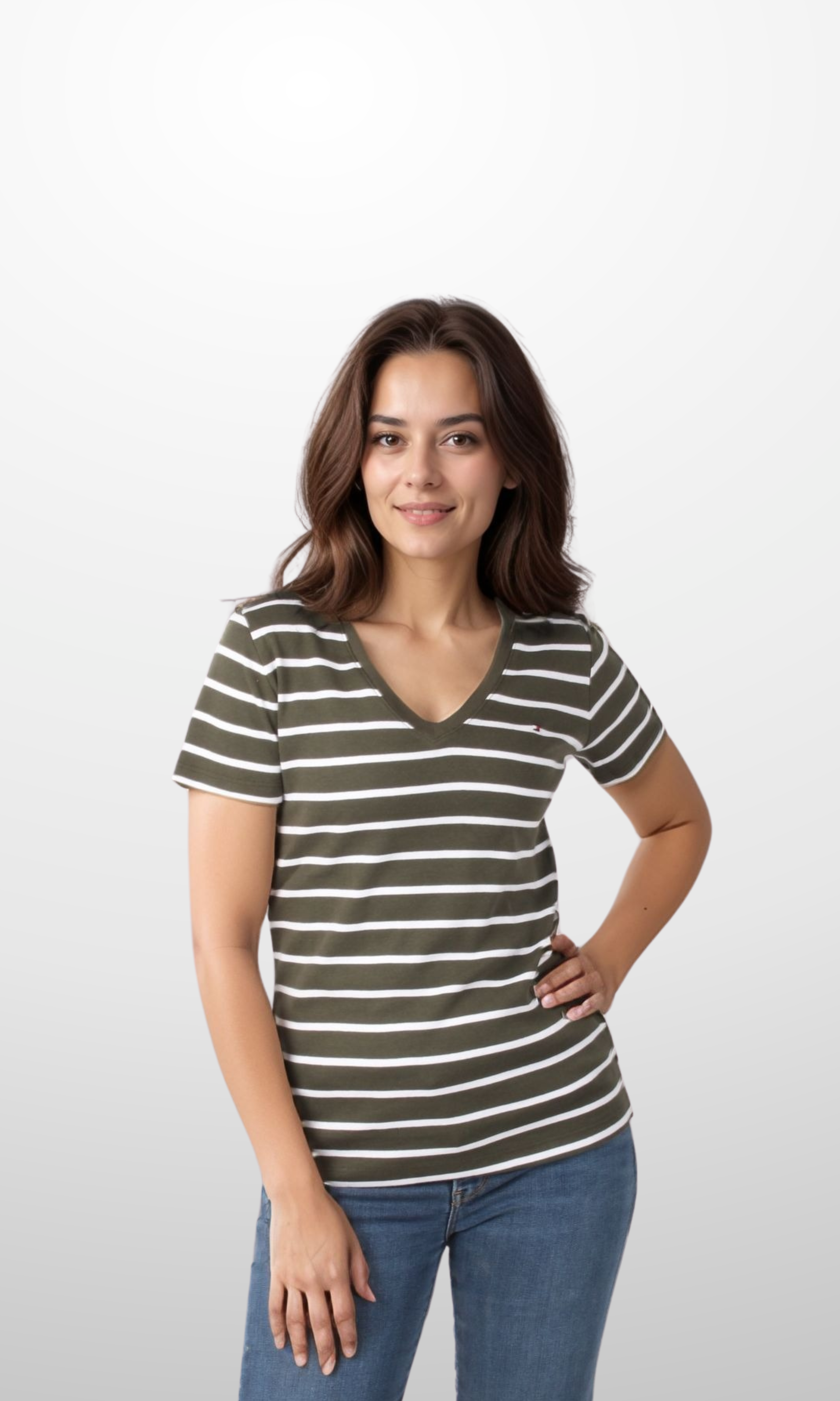 [Original] Women V-Neck Stripe T-Shirt (Oil Green)