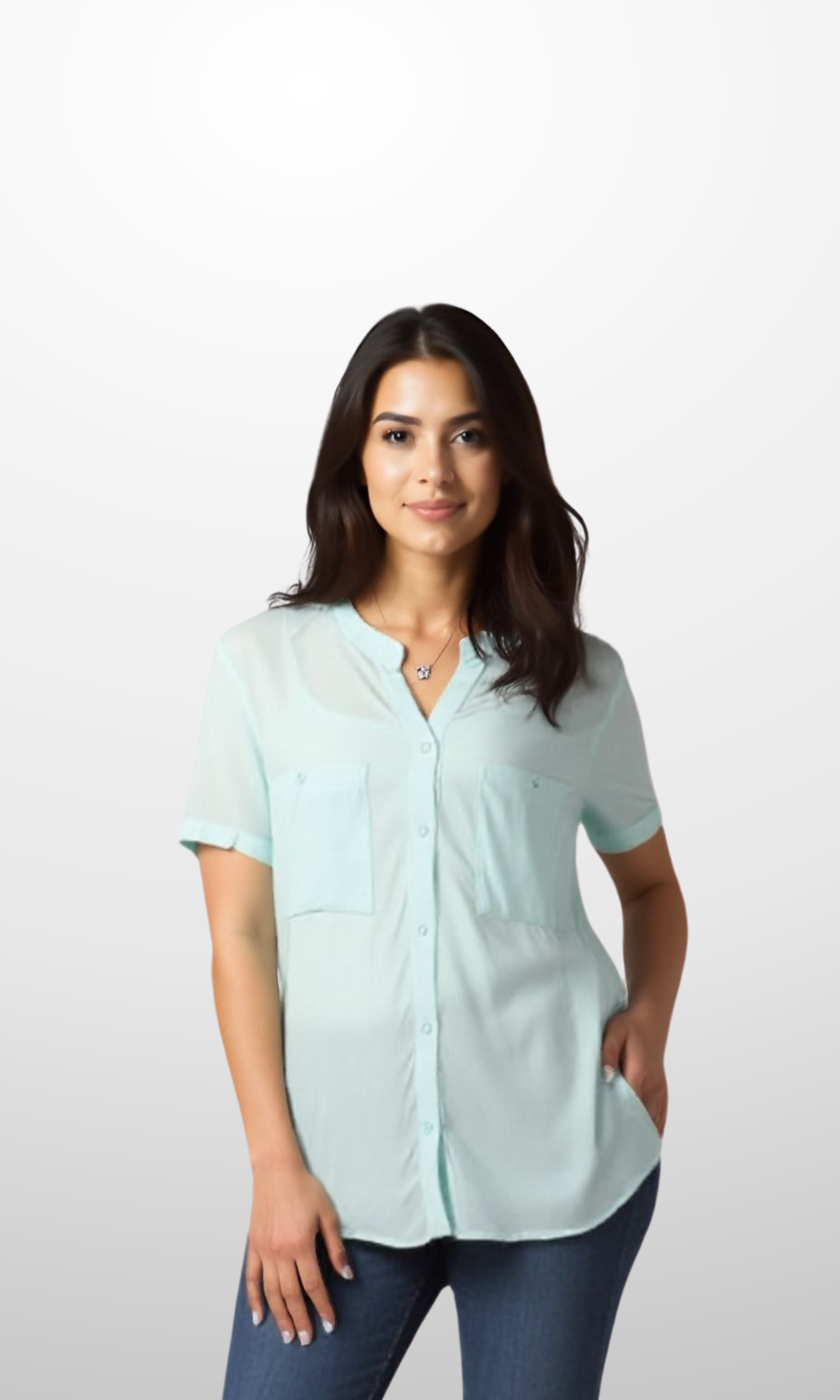 Women Blouse with Chest Pocket V Collar (Mint)