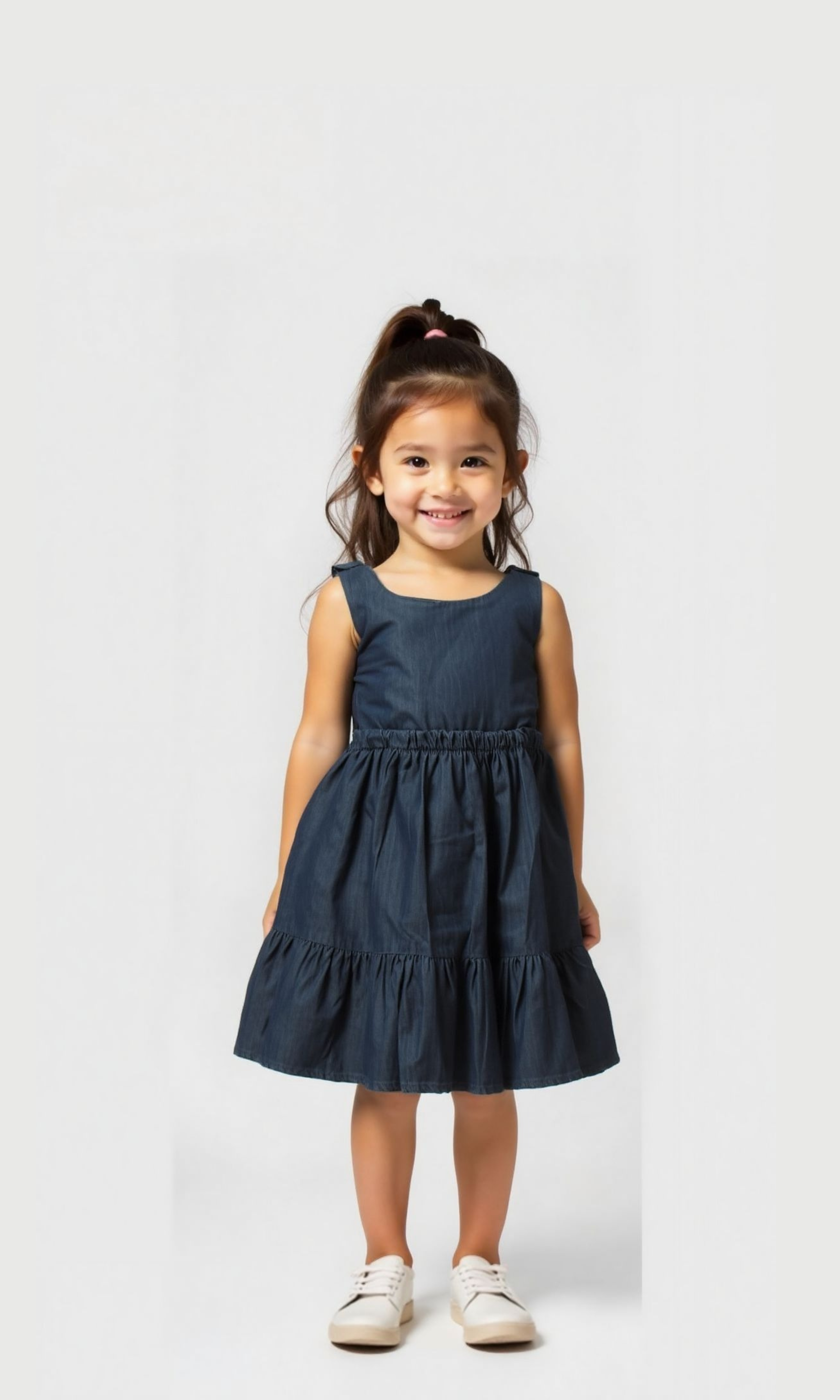 Girls Denim Dress With Elastic Waist (Dark Blue)