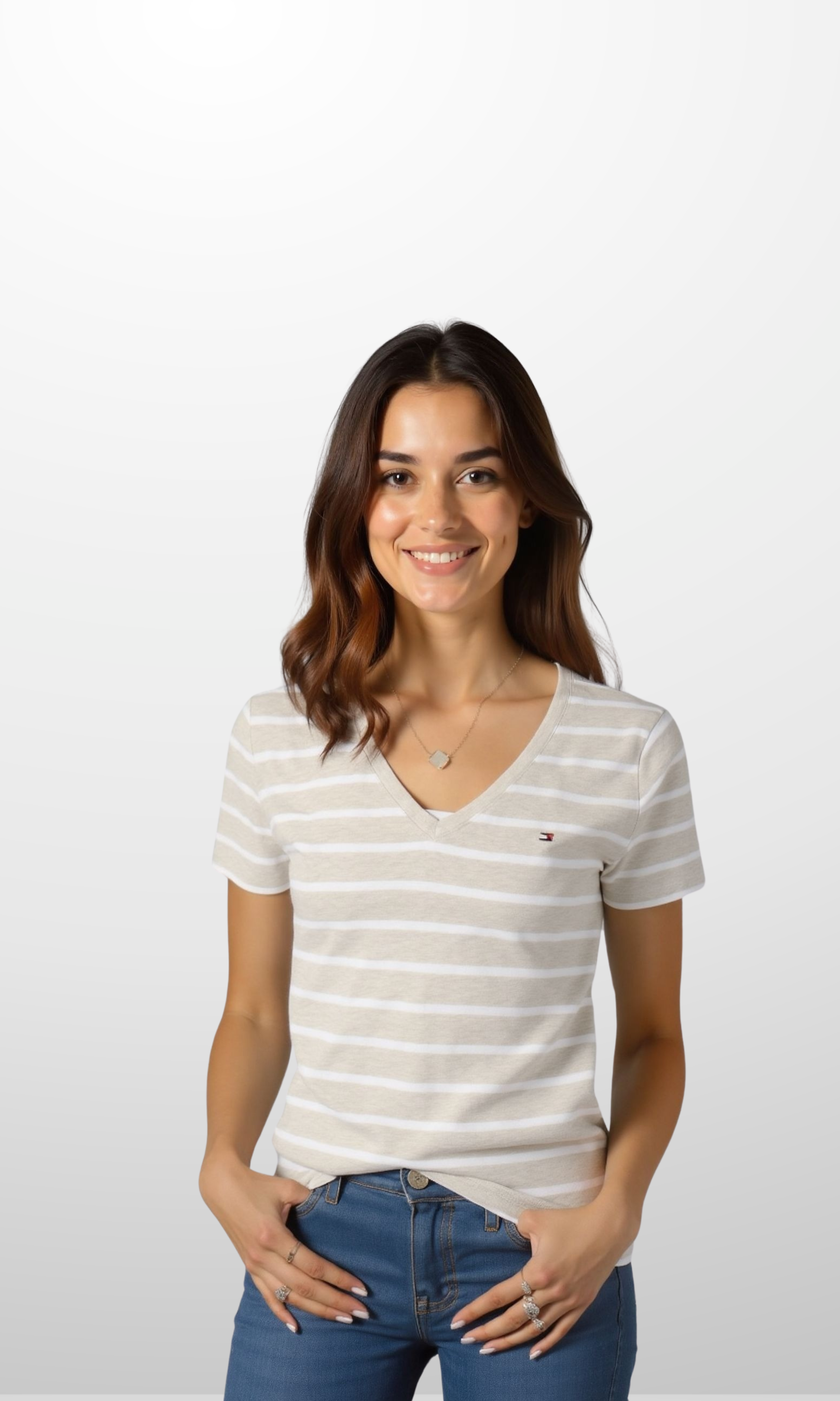 [Original] Women V-Neck Stripe T-Shirt (Greige)