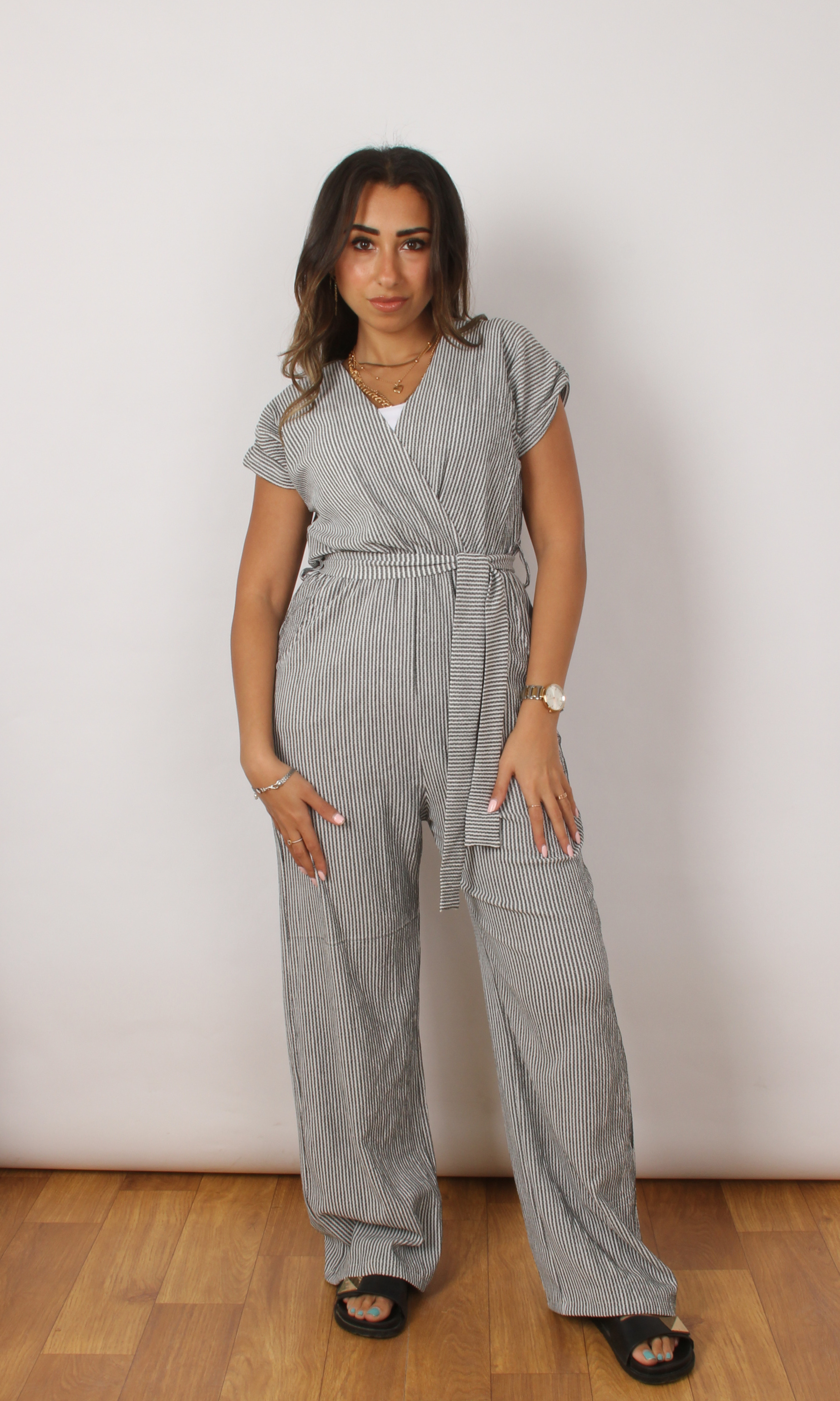 Women Stripe Waste Jumpsuit (White* Black)