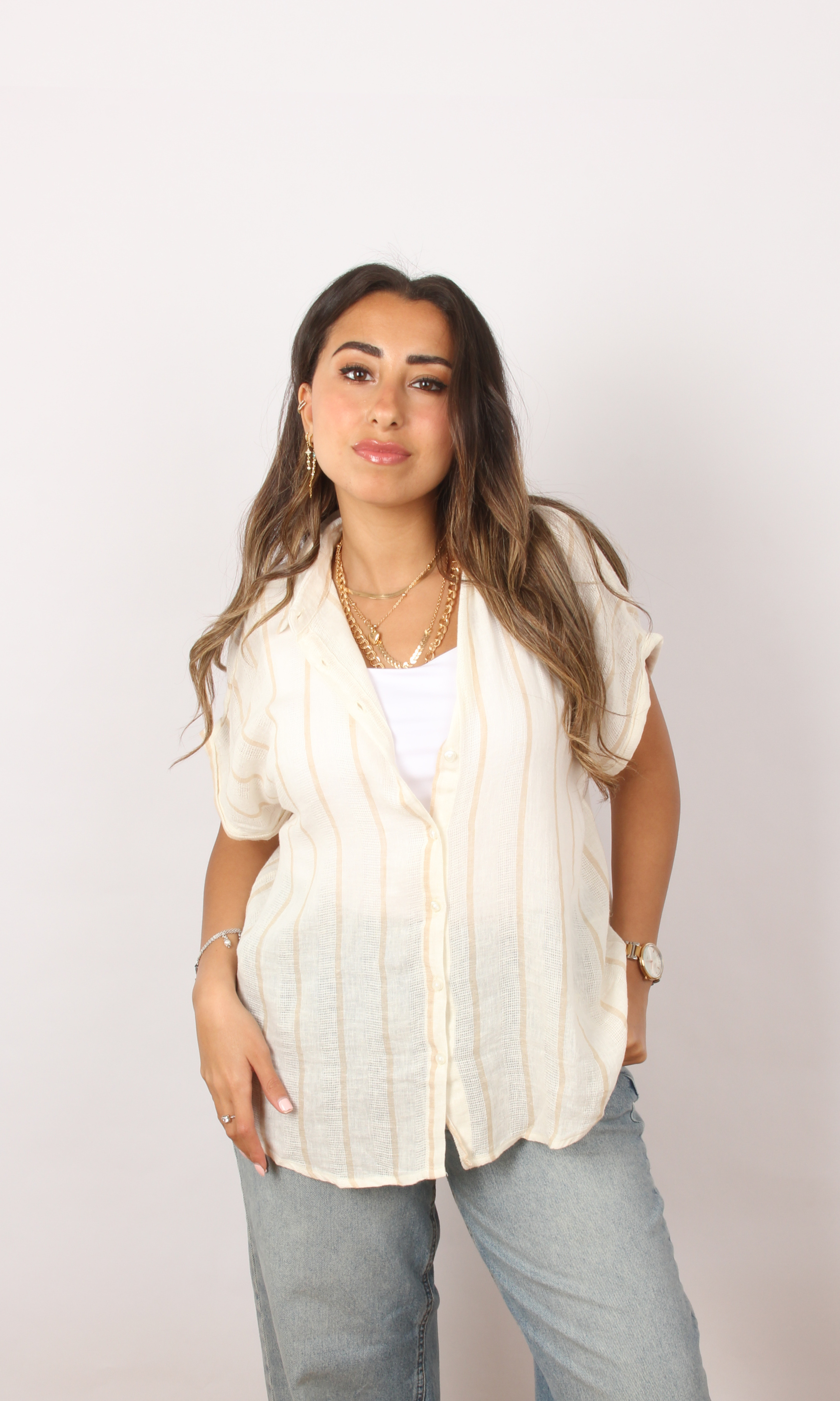 Women Multi-Stripe Shirt Short Sleeve (Beige)