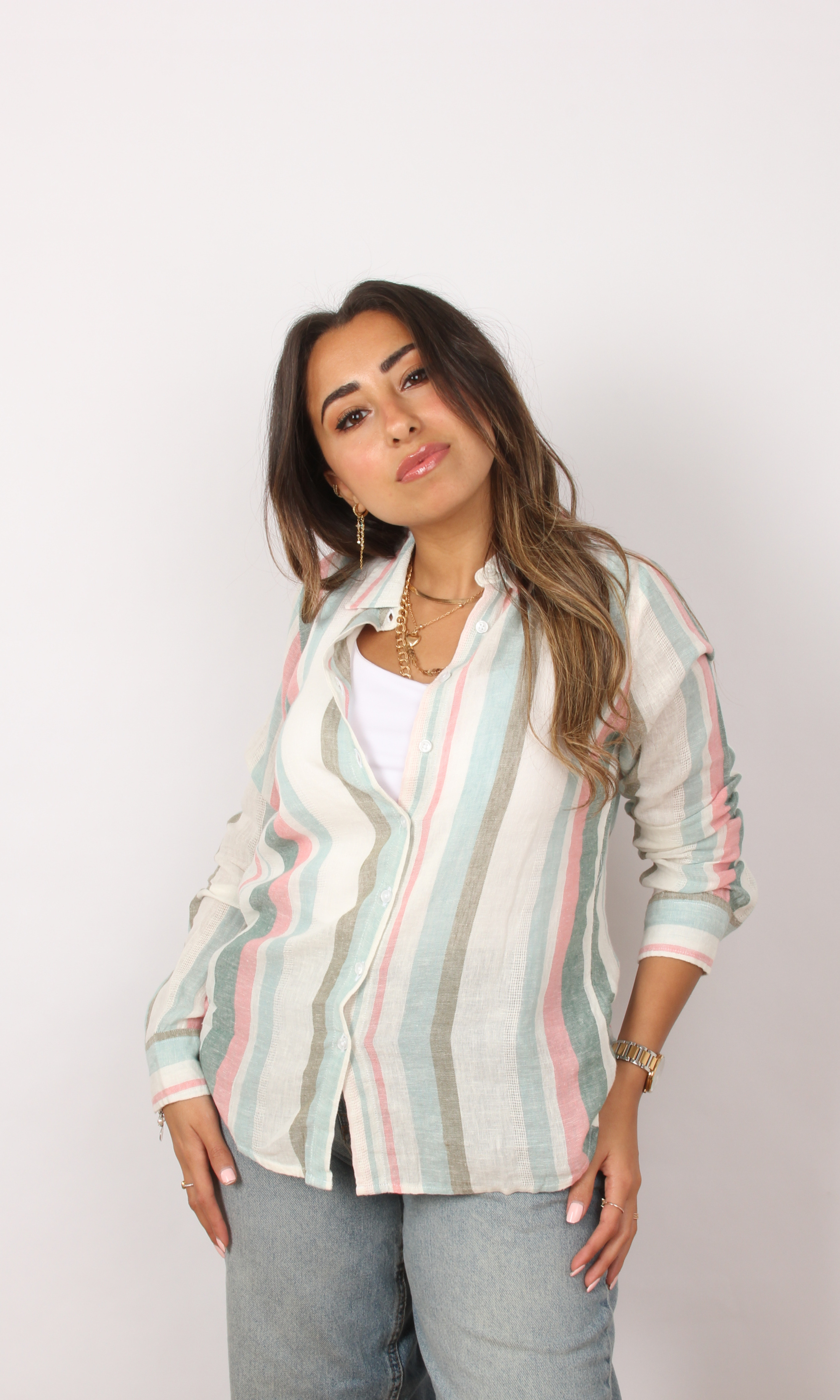 Women Linen Stripe Shirt Long Sleeve (Multi Color)