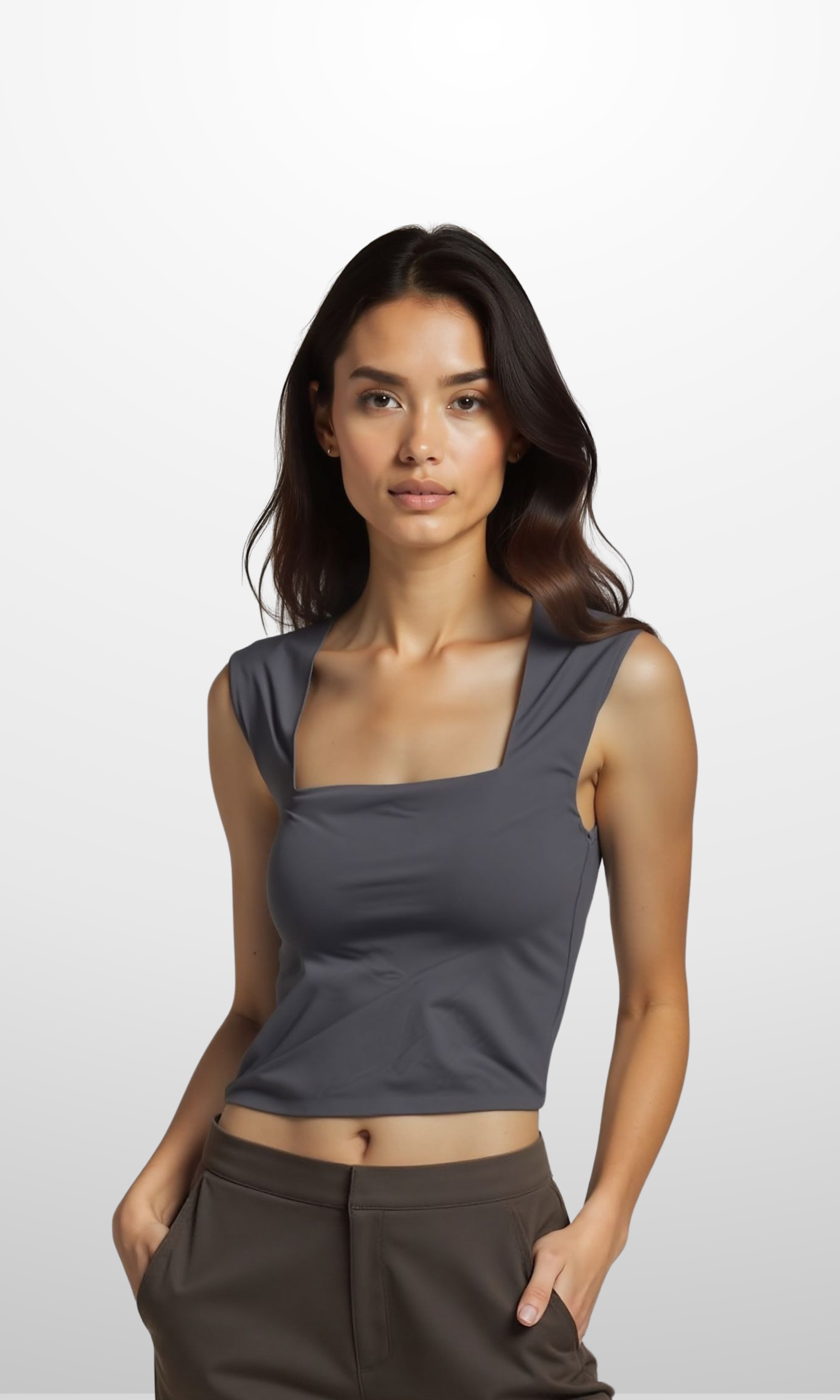 Women Square Neck Tank Tops (Dark Grey)