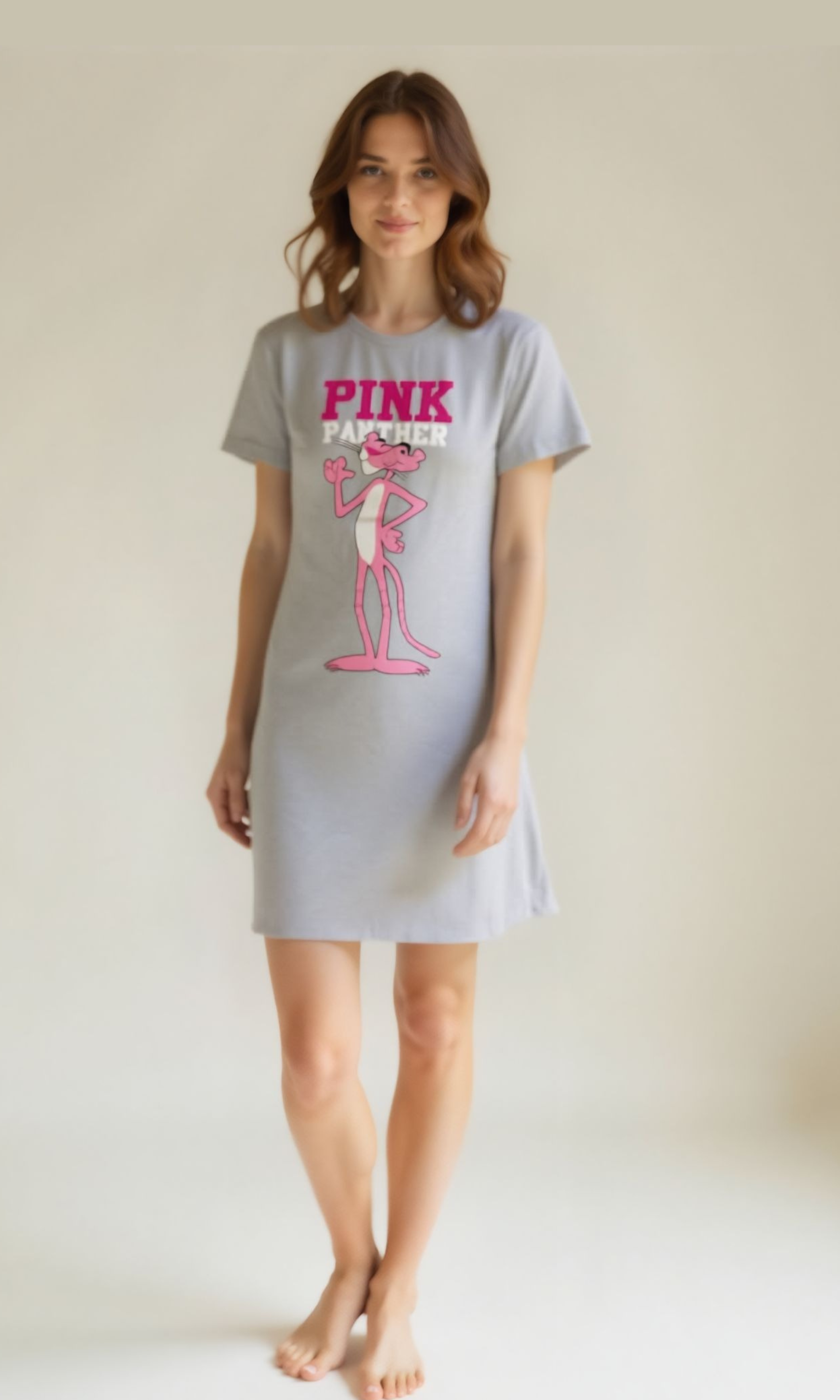 Women Regular Fit Crew Neck Night Dress (Grey)