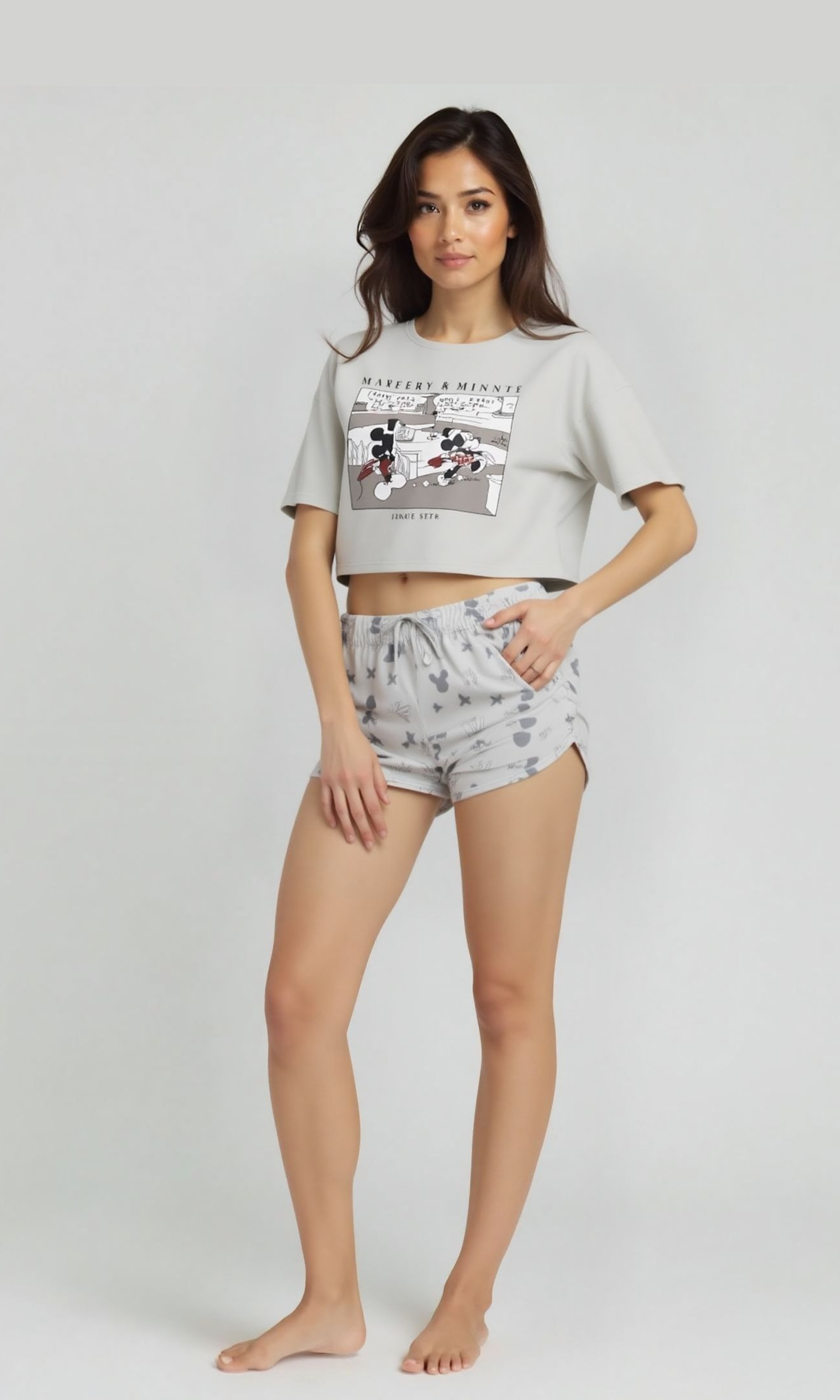 Women Printed Shorts Pajamas Set (Grey)